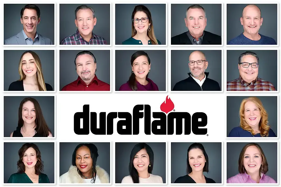 Sixteen professional headshots of Duraflame corporate team members in a grid arrangement with the Duraflame logo centered, featuring executives and professionals in business attire, photographed at Pandorica Headshot Studio in Las Vegas
