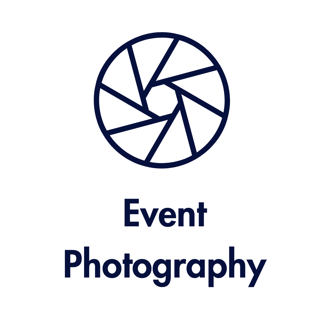 Icon of a camera shutter above the text 'Event Photography'.  event photography las vegas corporate conference pandorica headshot studio