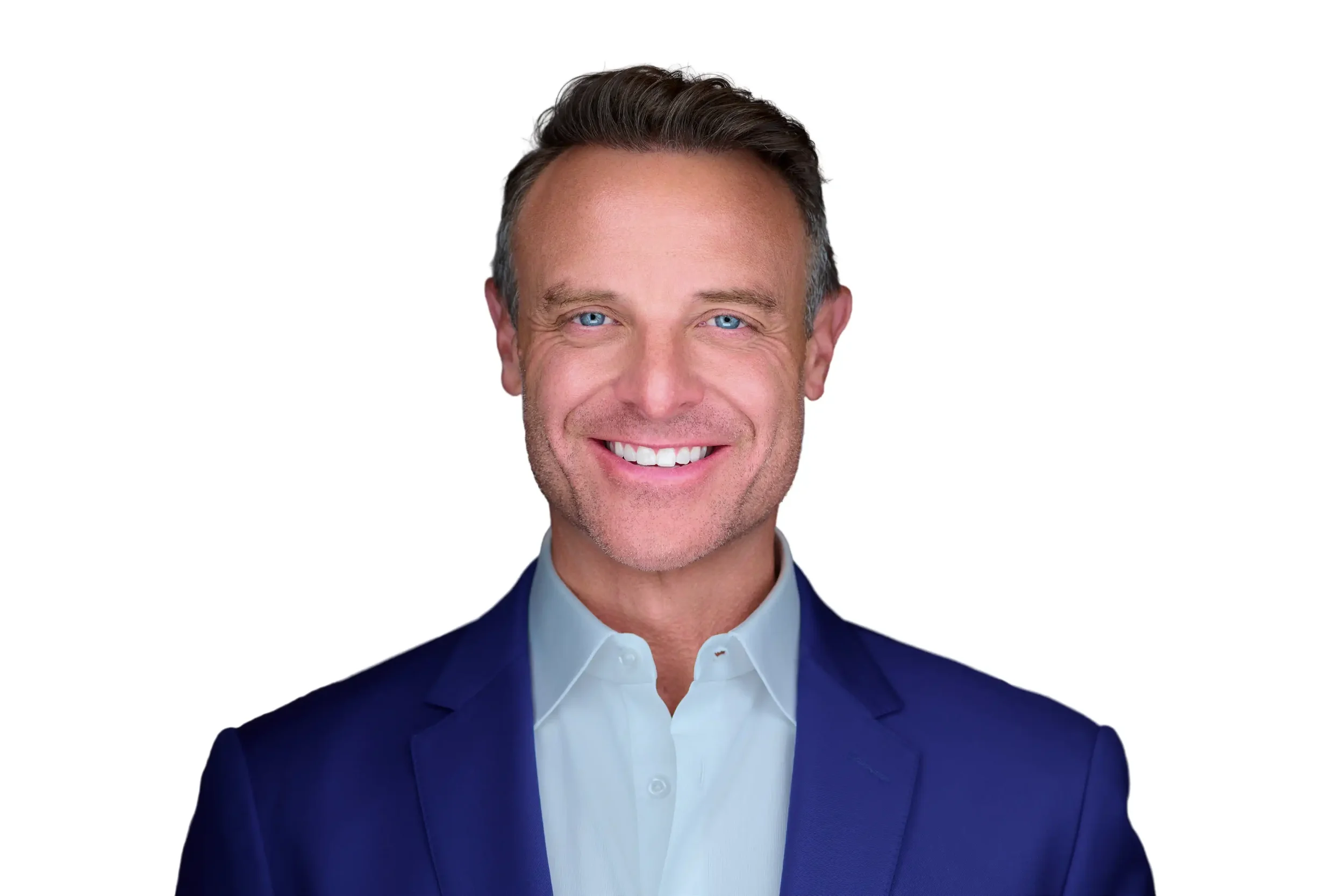 A smiling middle-aged man with short brown hair and blue eyes, wearing a navy blazer and a white dress shirt, against a plain white background.