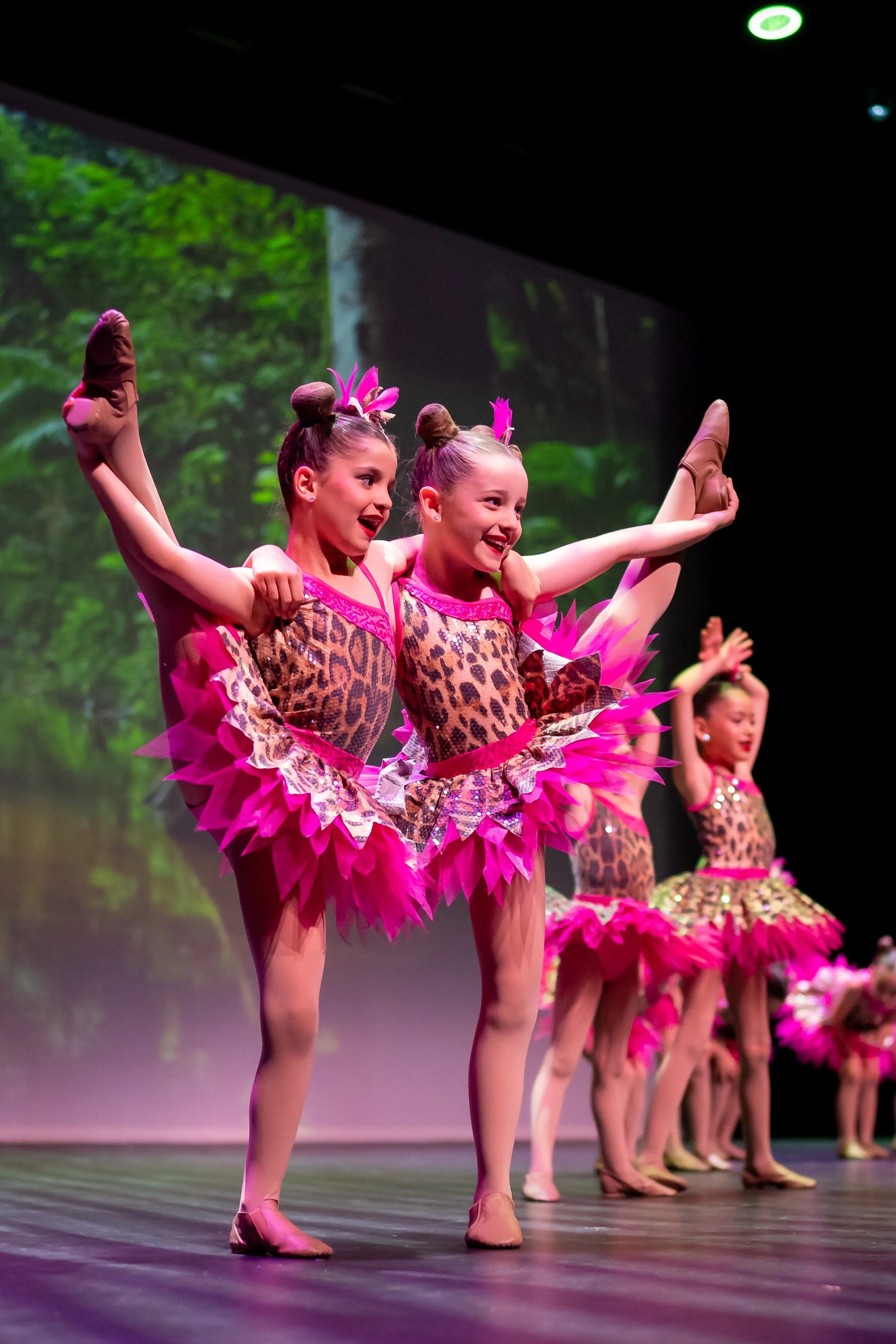 Young girls in pink and leopard print tutus performing a ballet on stage with a forest background.
