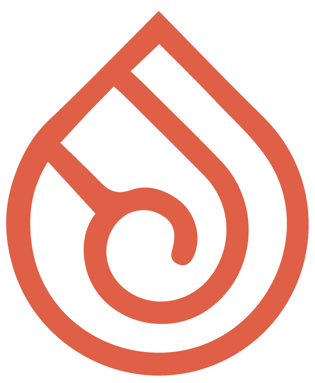 Red and black flame logo with a spiral design inside a teardrop shape.