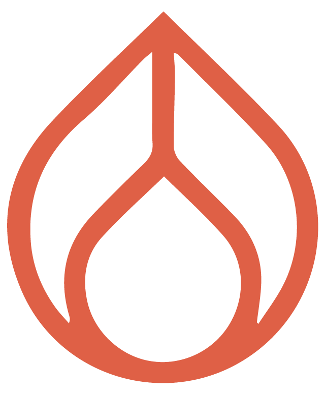 A stylized orange droplet logo with a black background.