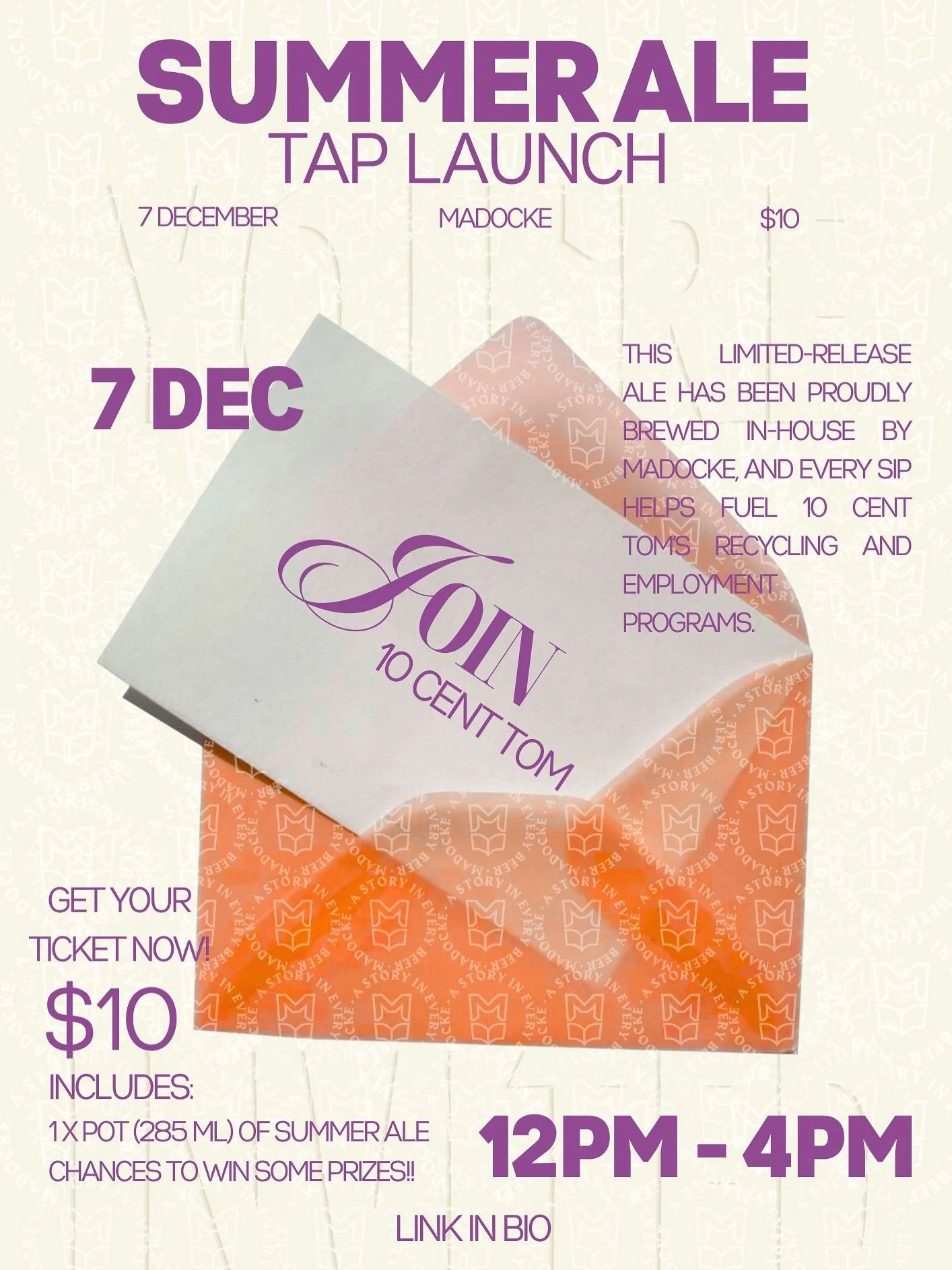 🚨TAP LAUNCH ALERT🚨 

Join us 7 December, 12&ndash;4pm for the Ten Cent Tom Summer Ale launch!

$10 entry gets you 1 pot (287ml) of our new Summer Ale + a chance to win some epic prizes.

GET YOUR TICKET ⬇️
https://events.humanitix.com/10-cent-tom-s