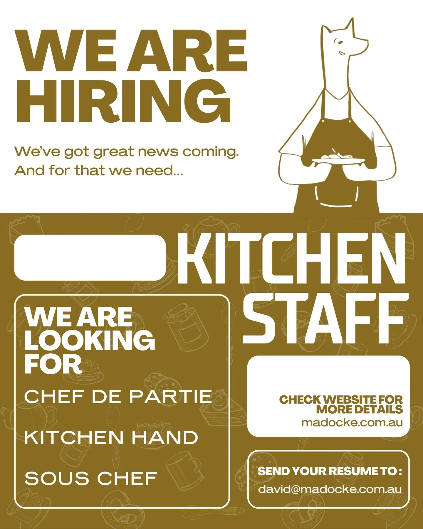 We&rsquo;ve got something exciting coming&hellip; 👀
and we&rsquo;re ready to build our dream team.

If you think you&rsquo;ve got what it takes, we&rsquo;d love to hear from you.

We&rsquo;re looking for kitchen staff who are passionate, reliable, a