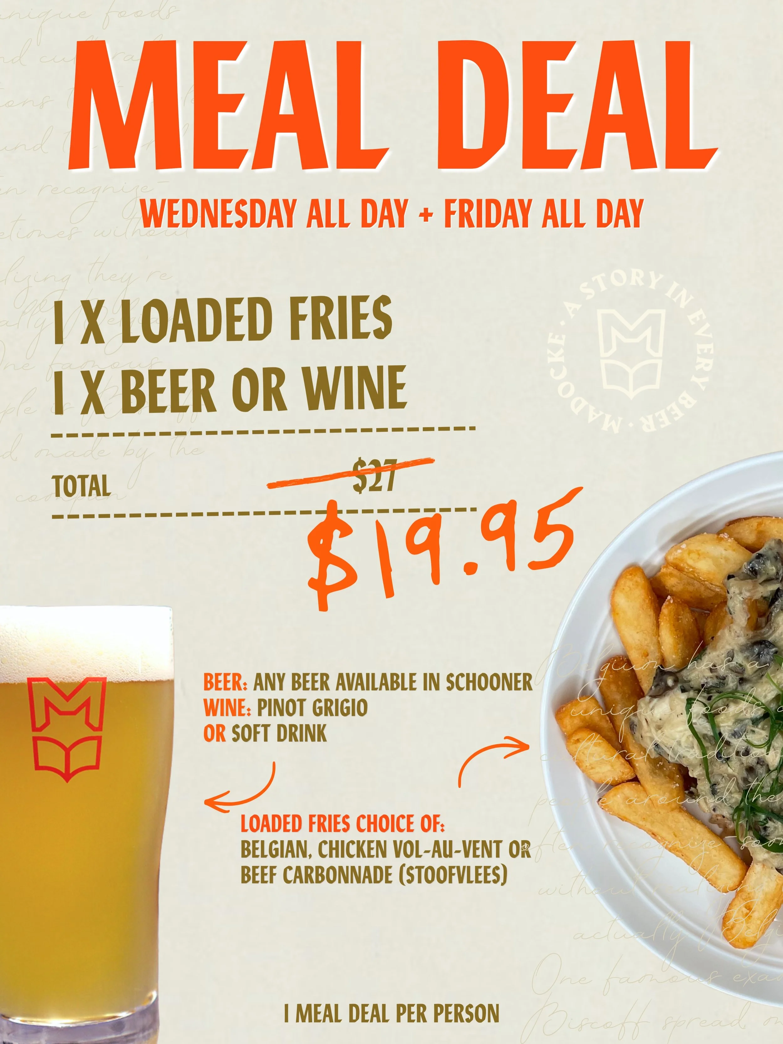 🍟 MEAL DEAL 🍺

1 x Loaded Fries 
1 x Beer or Wine

Available:
📍 Wednesday &mdash; ALL DAY
📍 Friday &mdash; ALL DAY 

The perfect midweek treat 

#craftbrewery #gcmealdeals #gcbrewery #belgianbeer #ashmore