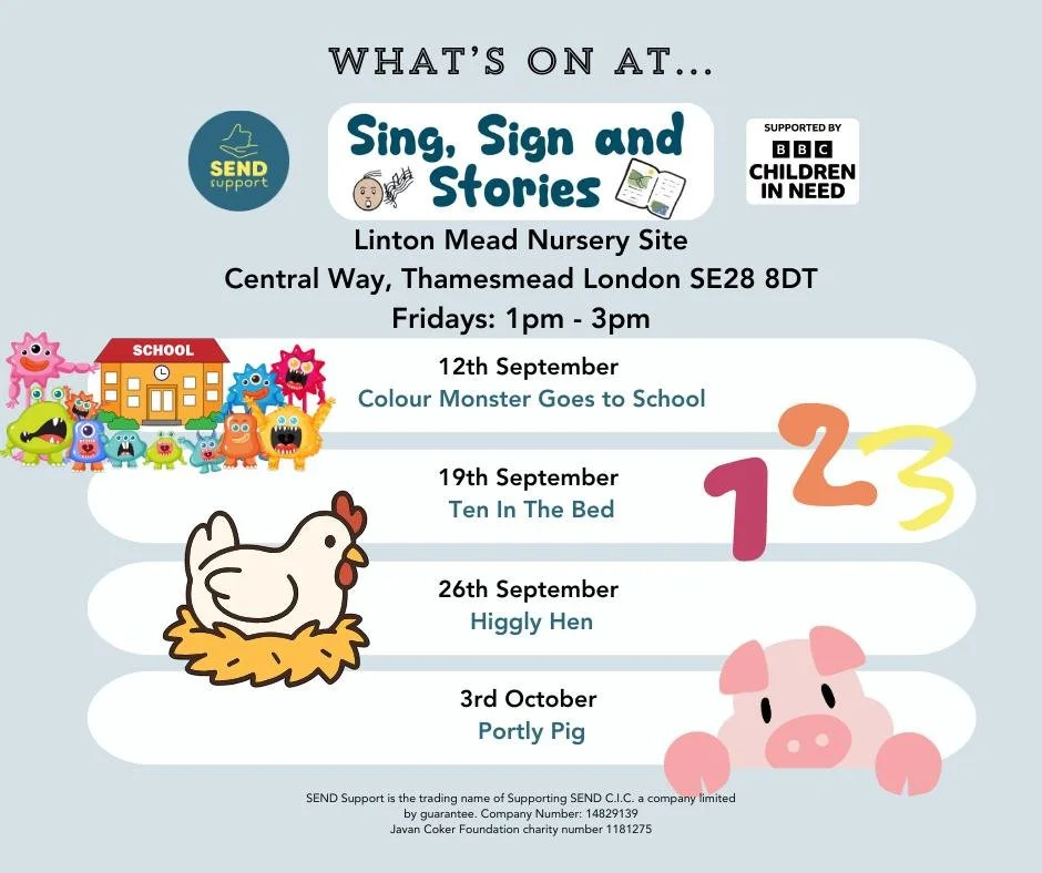 We are so excited to be back for Sing, Sign and Stories in Thamesmead today!
Have a look at what we have planned for the next few weeks.. hope to see you there! #singsignandstories #communicationskills #speechandlanguage #signing #buildingcommunicati