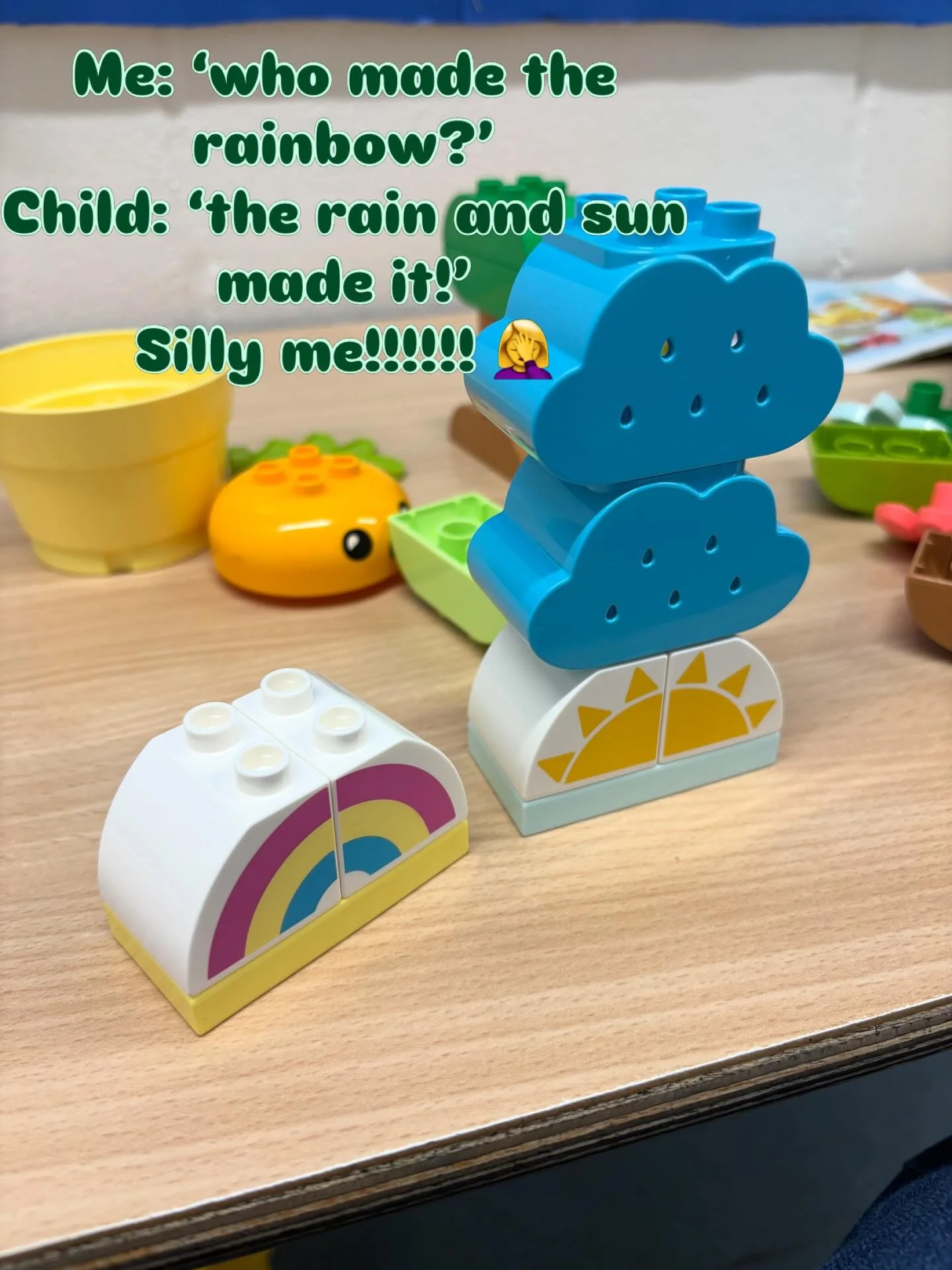 We had great fun playing with playing with insect Duplo today. I asked one of the children, &ldquo;who made the rainbow?&rdquo; And he replied &ldquo;the rain and sun made it!&rdquo; #greatkids #communication #playiskey #makaton