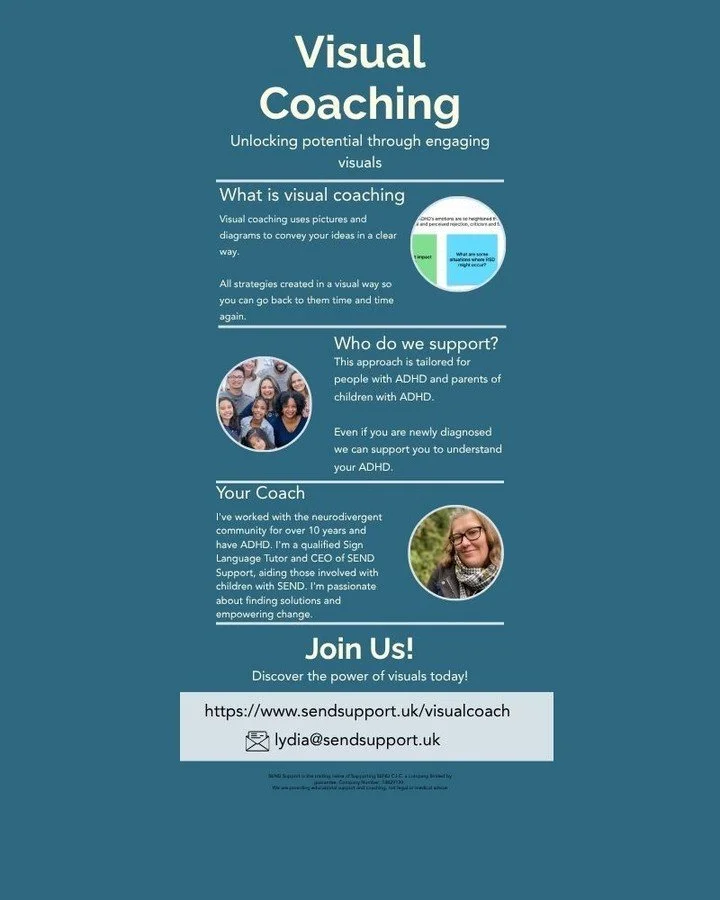 Introducing SEND Support - ADHD Visual Coaching 👋 

A lot of you have asked me: "What is visual coaching?"

Let me explain it simply&hellip;

👀 People with ADHD often THINK in pictures and visuals &mdash; not lists and long text.

Visual 