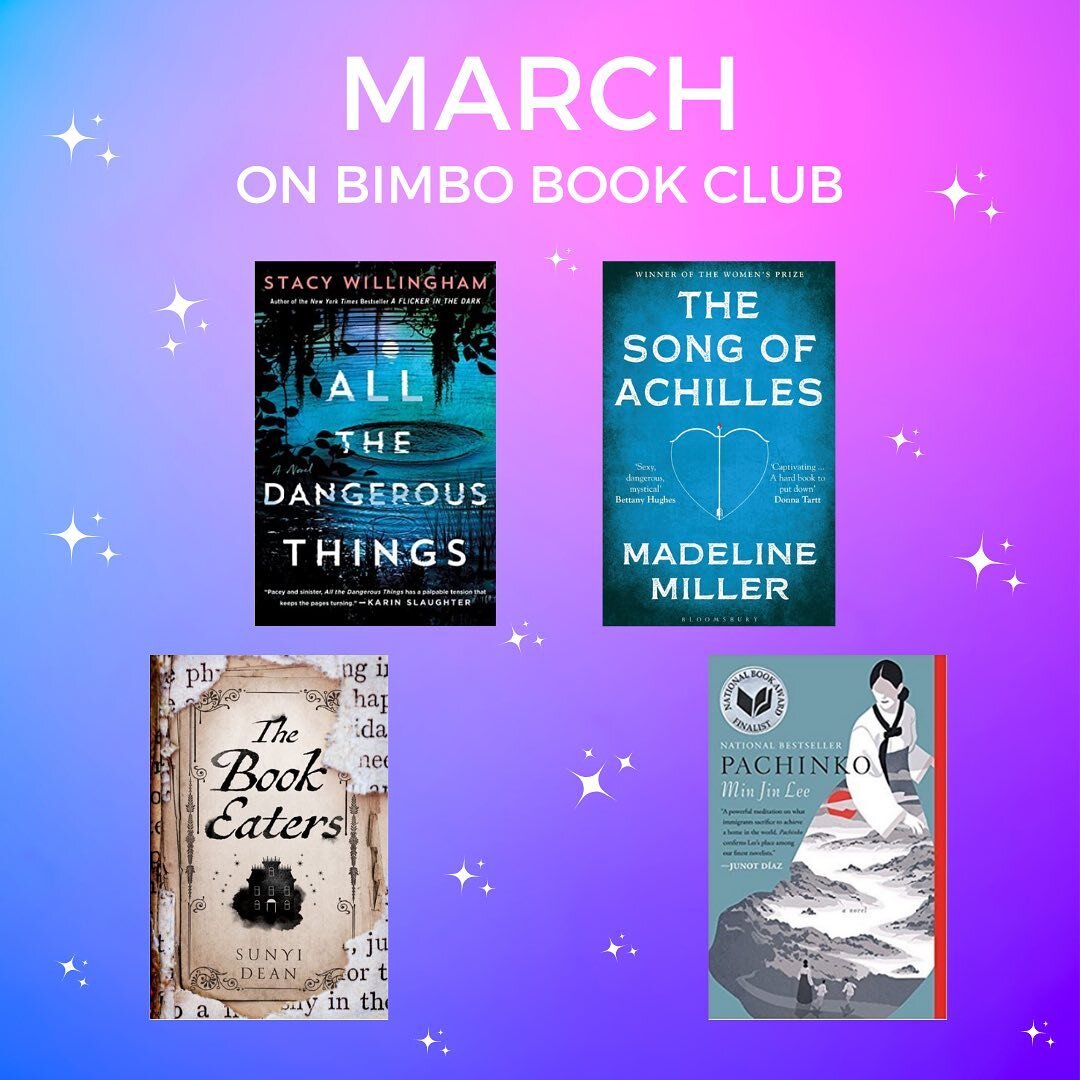 This month on #BimboBookClub we&rsquo;re discussing when a book doesn&rsquo;t quite live up to it&rsquo;s hype, messy female characters and uniquely creative concepts. 

✨ All The Dangerous Things (Stacy Willingham) - 7th March

✨ A Song Of Achilles 
