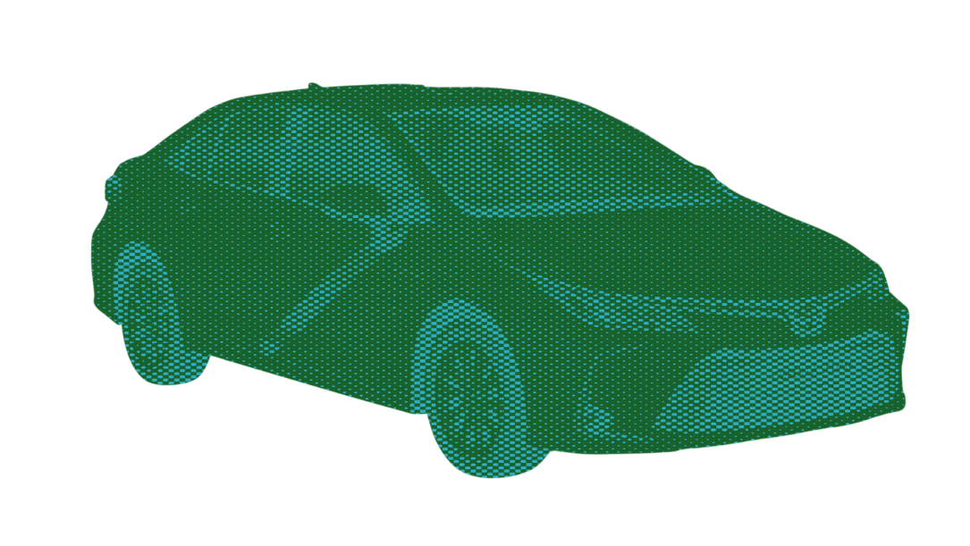 Imagen de un automóvil en estilo de puntos y líneas en color verde, con fondo negro.