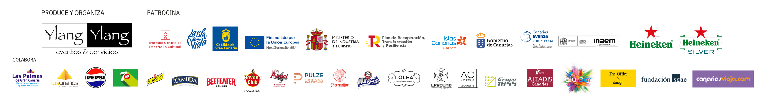 Listado de logotipos de diferentes organizaciones, patrocinadores, y colaboradores, incluyendo Ylang eventos y servicios, Instituto Canario de Desarrollo Cultural, Heineken, Pepsi, Las Palmas, Fundación Sgae, y otros.