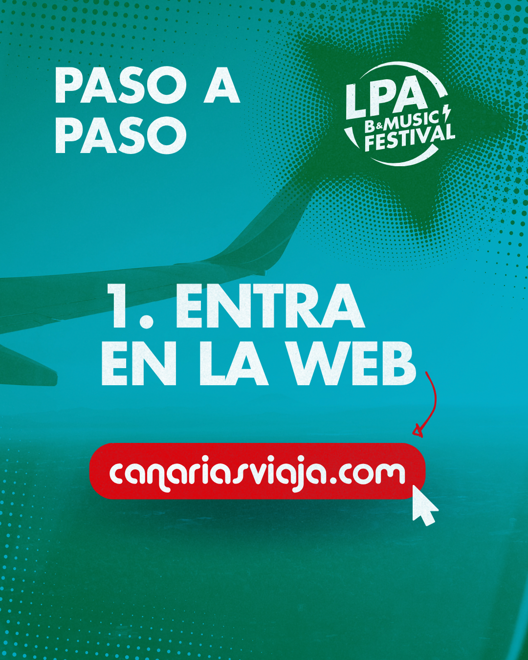 Un cartel promocional para el festival de música y viajes La Palma B&M Music Festival. Incluye instrucciones paso a paso para participar, destacando la visita al sitio web canariasviaja.com con un diseño colorido y una estrella como símbolo del evento.