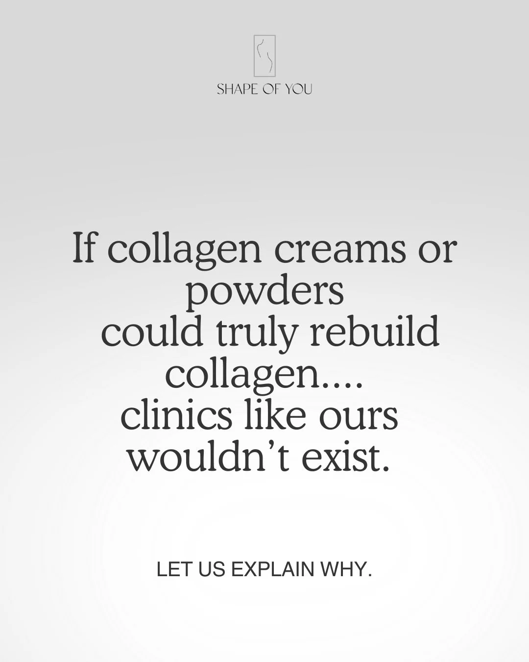 Collagen is one of the most misunderstood words in skincare.

You can&rsquo;t rub collagen into your skin.
And you can&rsquo;t eat it and expect it to magically travel to your face.

Collagen is something your skin has to produce itself.

That&rsquo;