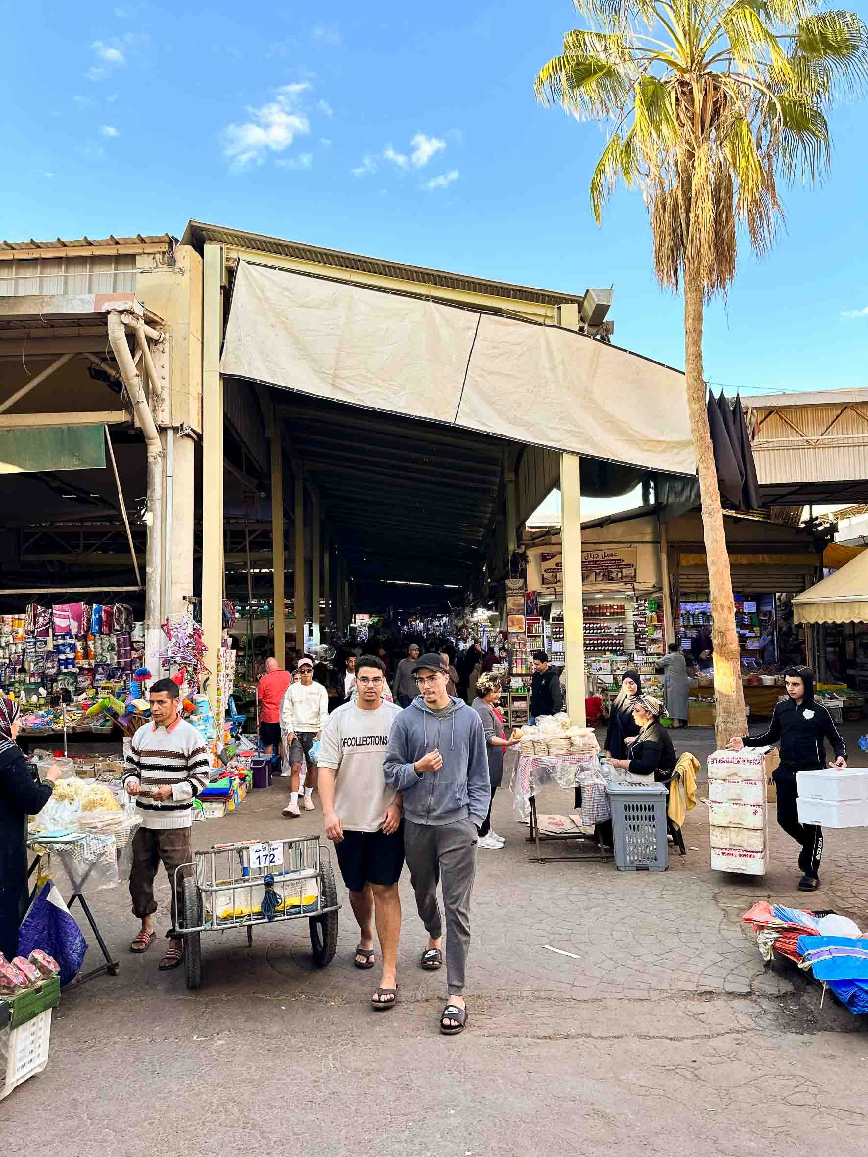 Outdoor marketplace with people walking, shopping, and vendors selling various goods under a large covered area, with a tall palm tree and a bright blue sky.