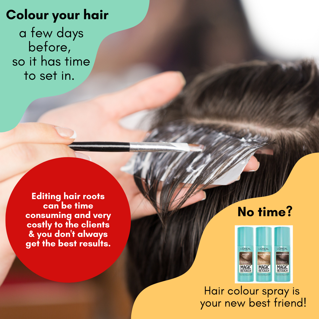 A person applying hair dye or treatment to scalp with a brush, with text promoting hair coloring and hair coloring spray products.