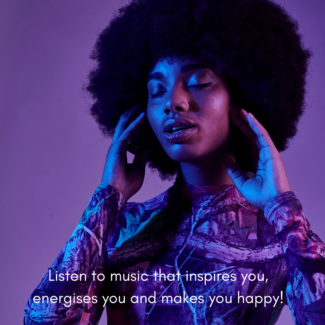 A woman with headphones enjoying music with eyes closed, wearing a colorful patterned top and standing against a purple background, with a caption promoting listening to inspiring music.