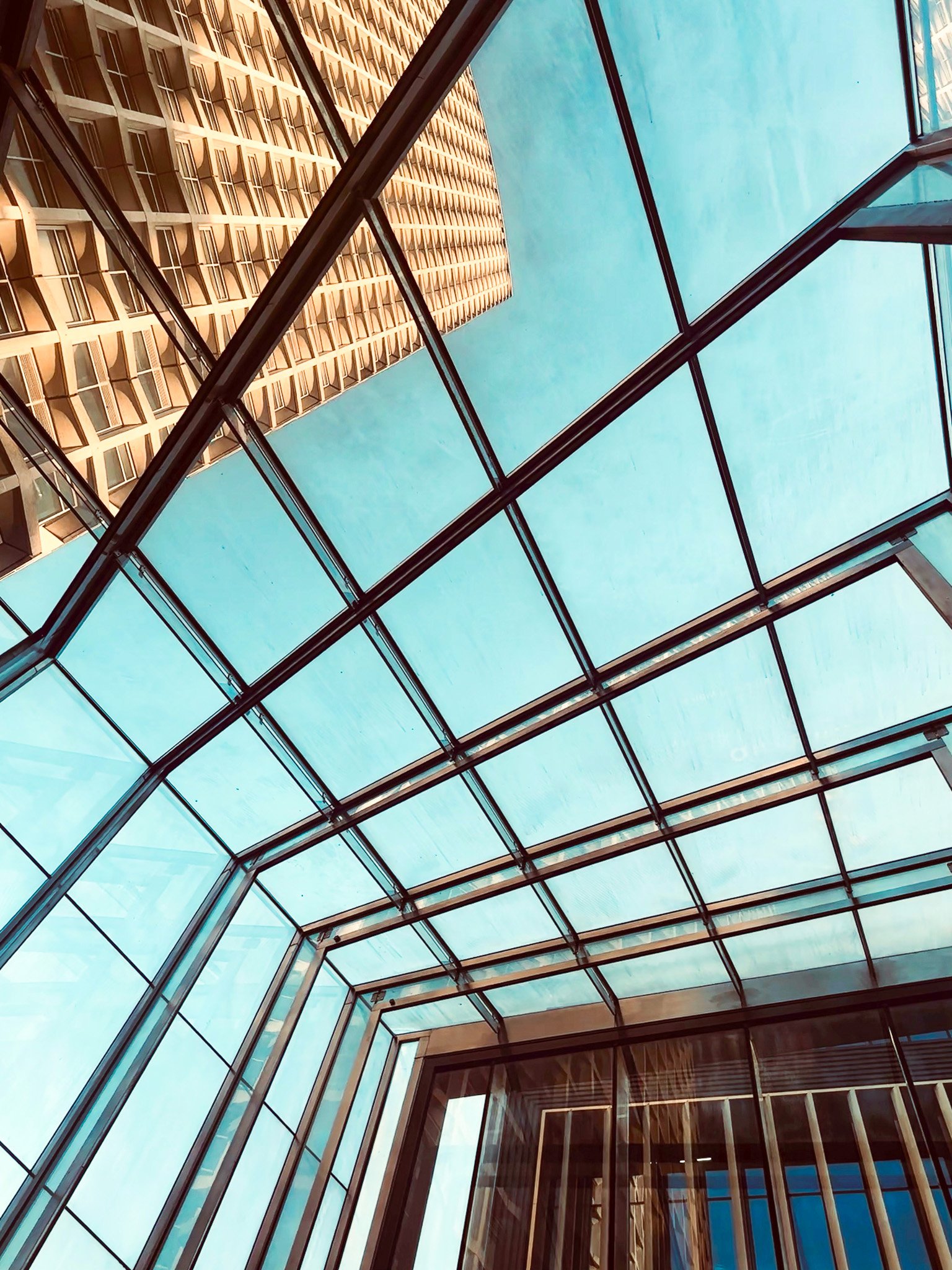 Looking up at a modern glass ceiling with a wooden building visible through the glass in an urban setting.