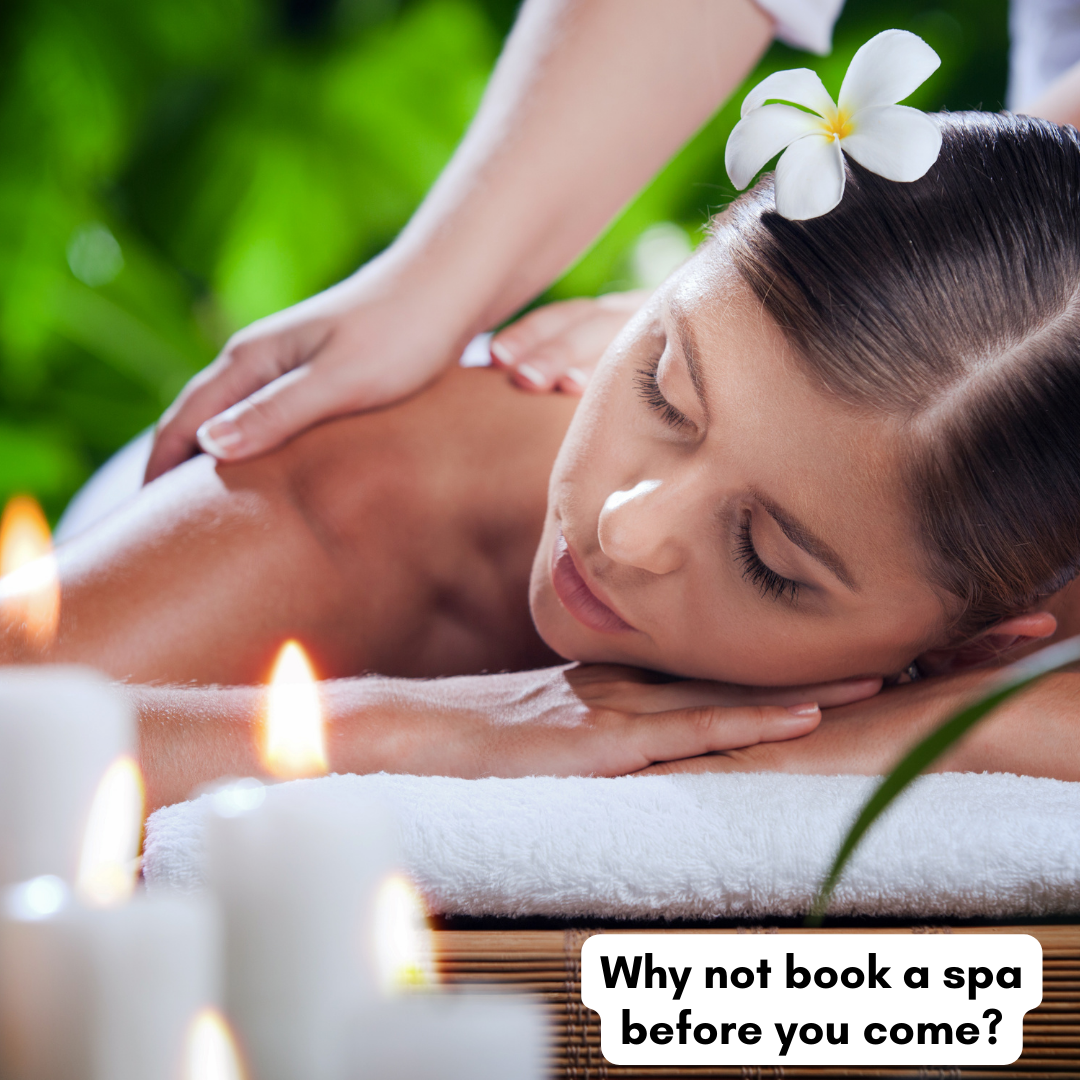 A woman receiving a massage at a spa, with candles and plants around. A text overlay asks, 'Why not book a spa before you come?'