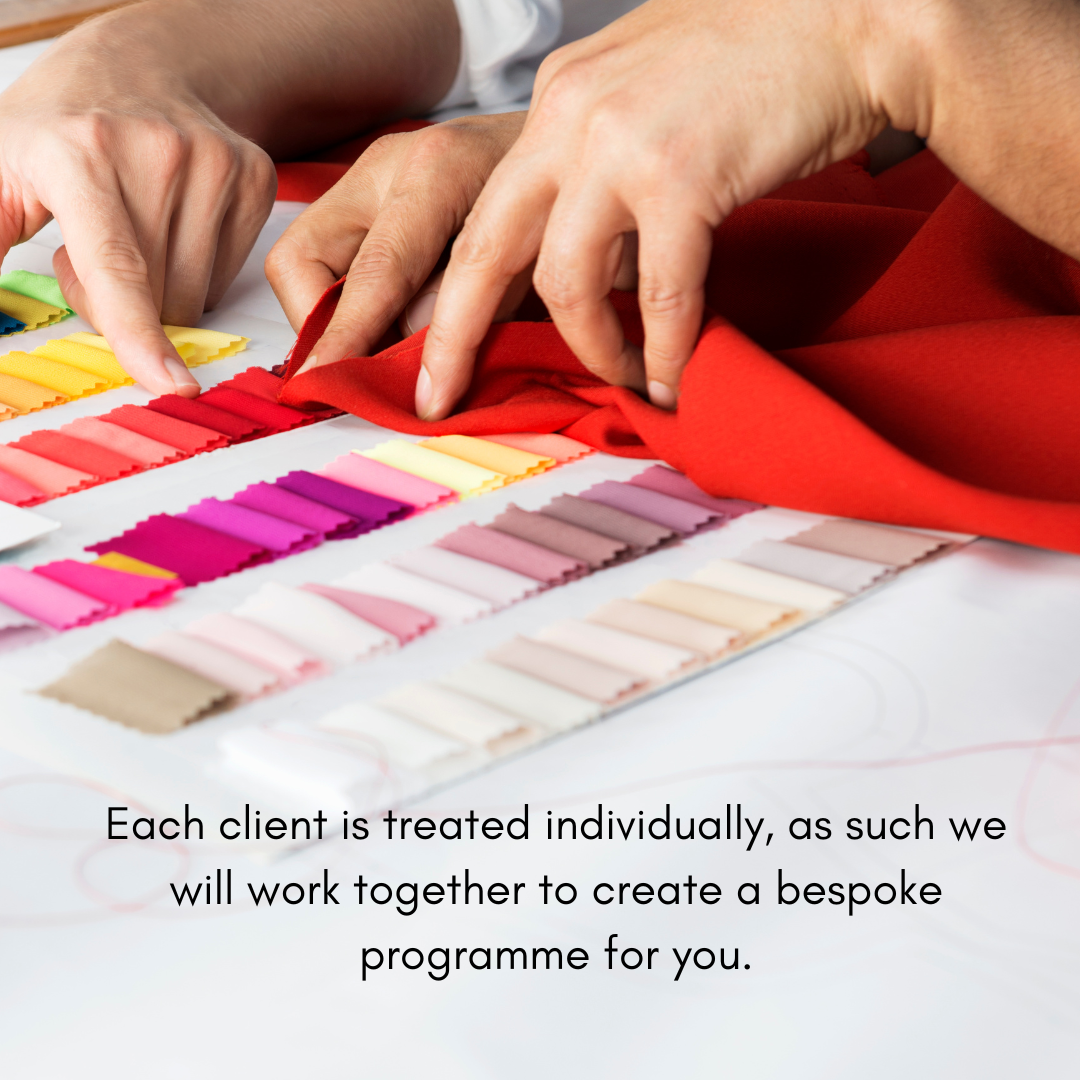 Close-up of two hands selecting fabric swatches in various colors, with fabric and color samples on a table, and text overlay about personalized service.