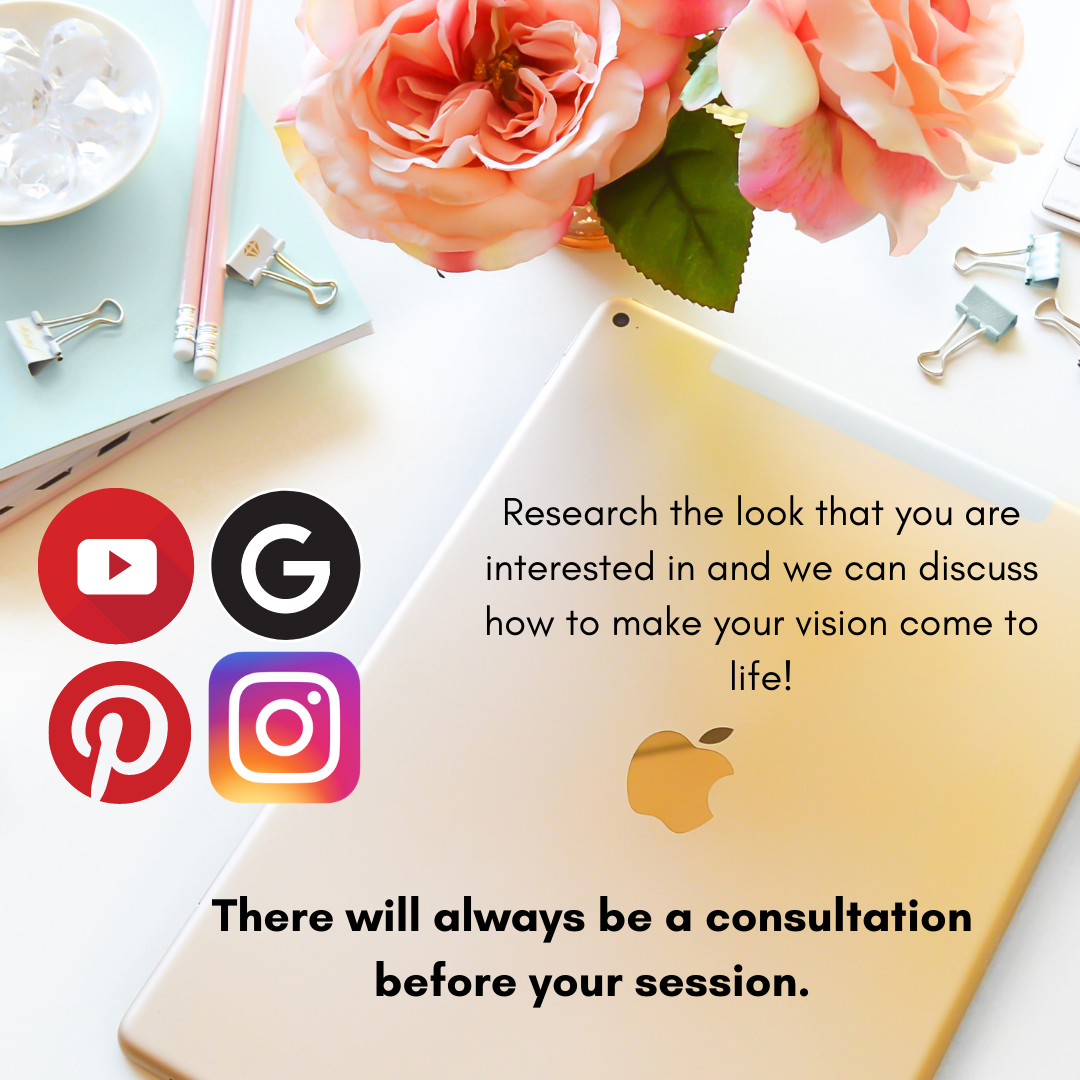 A flat lay of a workspace featuring a white and gold MacBook, pink and peach flowers, pastel-colored pencils, clips, and a notepad. Overlaid text encourages researching a look of interest and emphasizes consultation before sessions, with social media