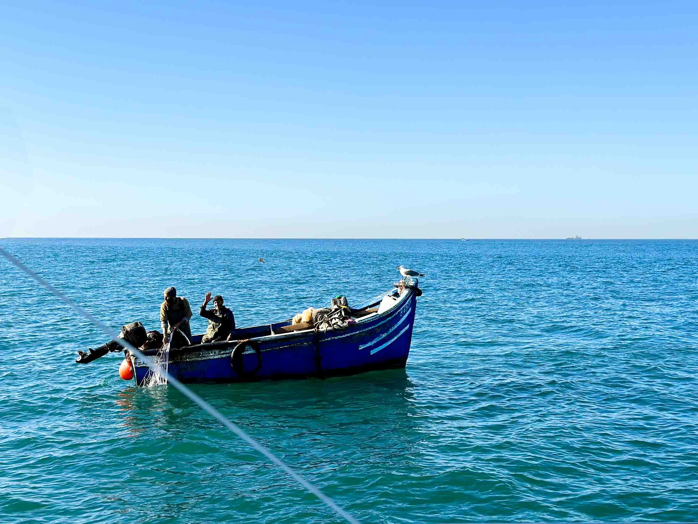 Two men on a small blue boat in the ocean, one waving, with seagulls on the boat and in the sky under a clear blue sky.