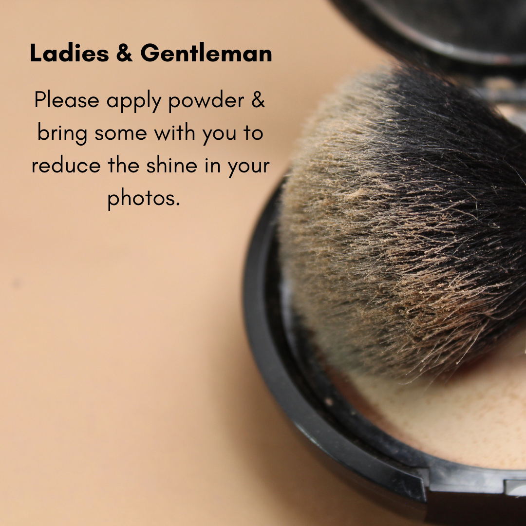 Close-up of a makeup brush inside a powder container with powder dust on its bristles, with overlaid text instructing ladies and gentlemen to apply powder and bring some to reduce shine in photos.