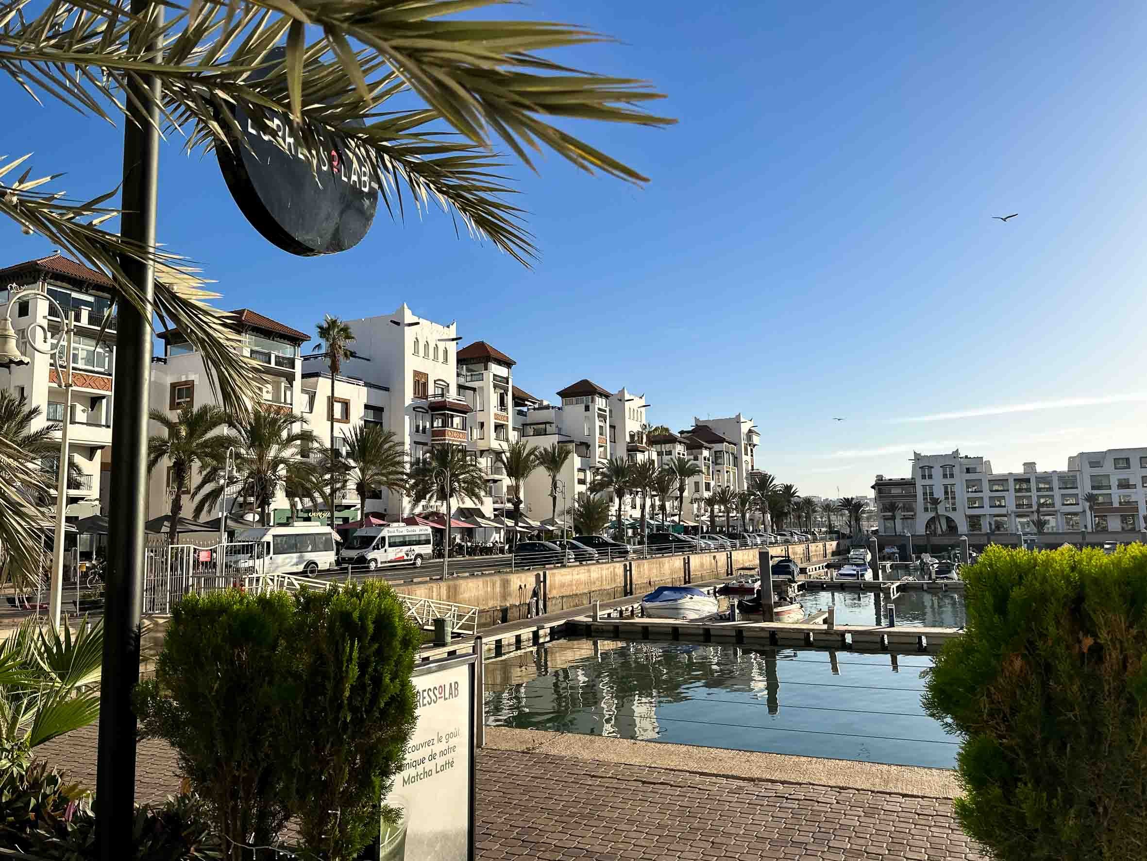 A marina with boats docked, surrounded by white buildings with red roofs, palm trees, and a clear blue sky.