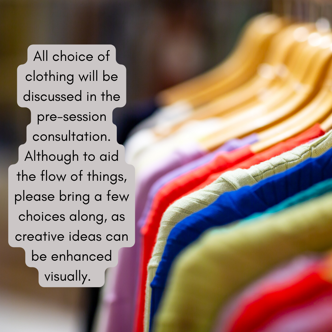 Colorful clothing hanging on a rack in a clothing store, with a message about discussing clothing choices in pre-session consultation.