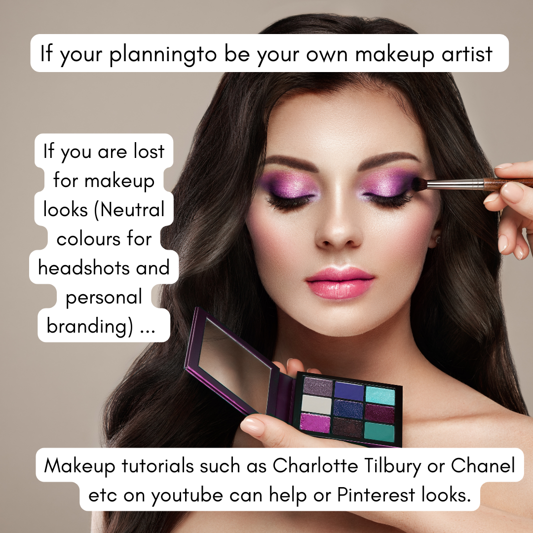 Woman with purple eyeshadow and pink lipstick having makeup applied with a brush, holding a makeup palette. Overlaid text offers makeup tips and tutorials for creating looks like Charlotte Tilbury or Chanel on YouTube or Pinterest.