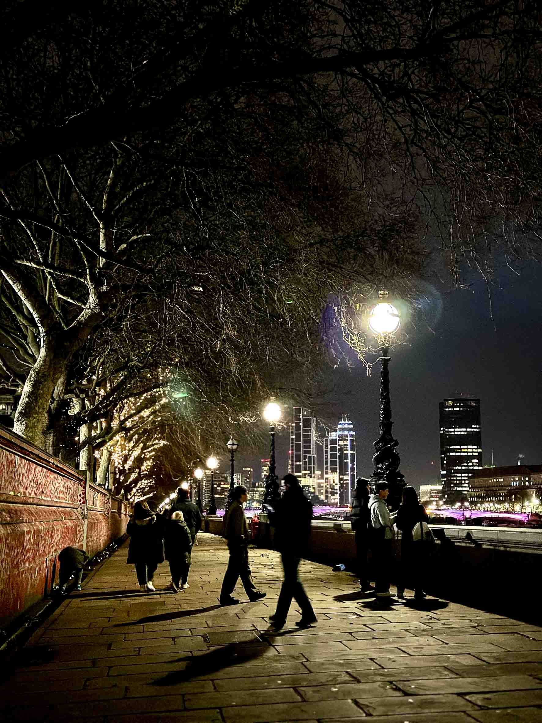 Night scene of a riverside walkway with lit street lamps, bare trees, and people walking. City skyline with illuminated buildings is visible in the background.