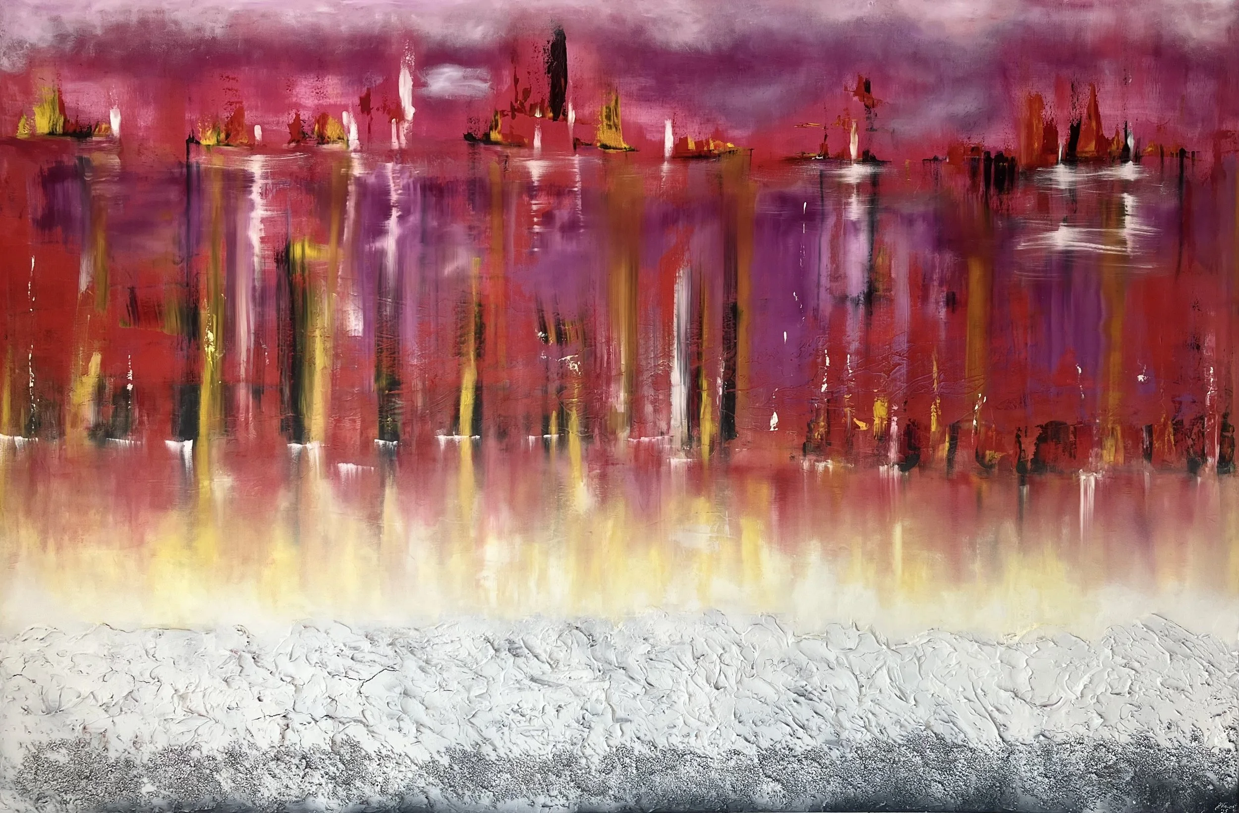 Abstract painting of a city skyline reflected on water, with a textured ground in the foreground. The upper part features ships and boats in shades of red, pink, purple, with hints of yellow and white, with the reflection on the water mirroring the colors and shapes.