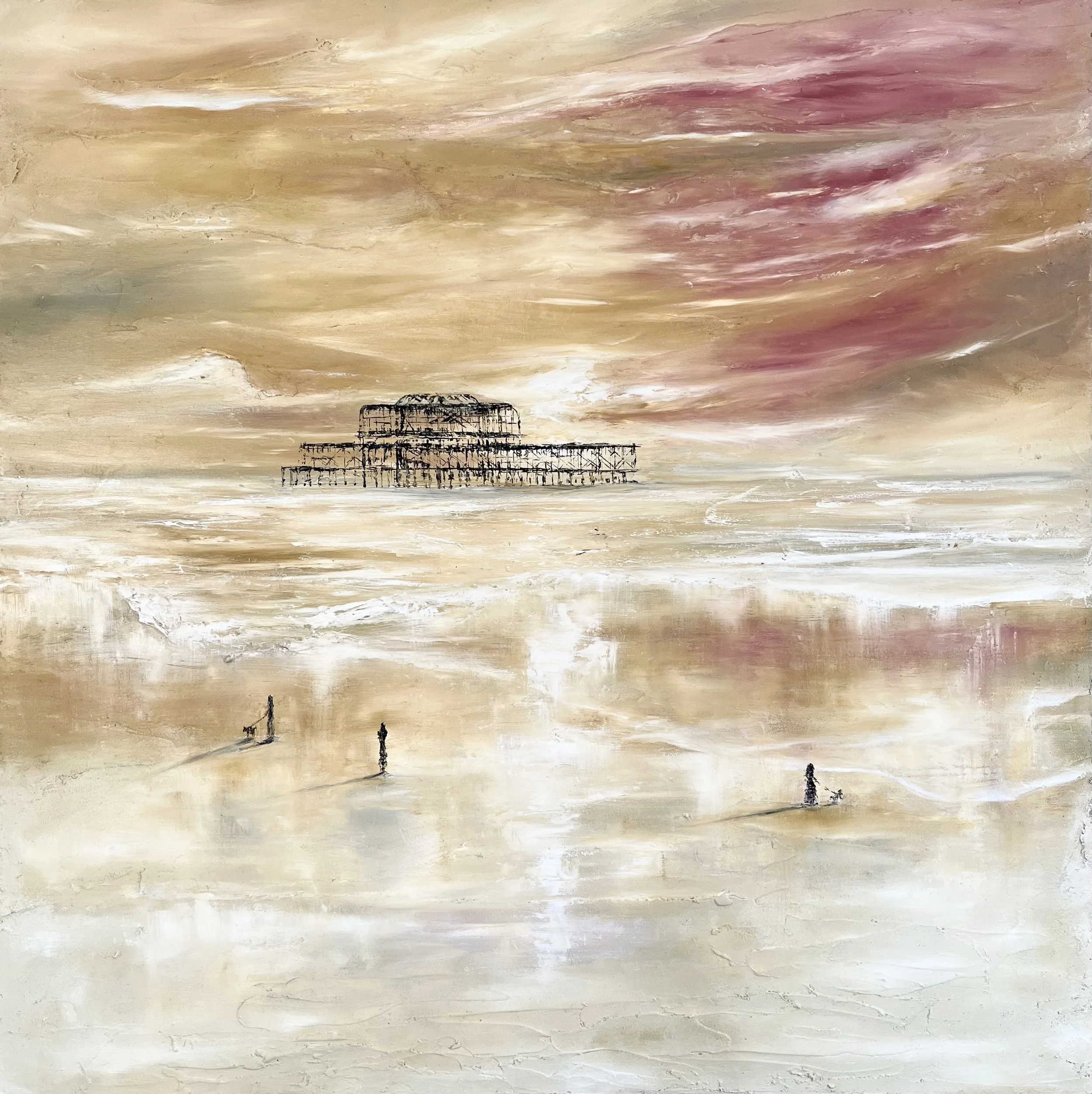 An abstract painting of a beach scene with a pier and a large building in the distance, pink and beige clouds in the sky, and three people walking along the shore.