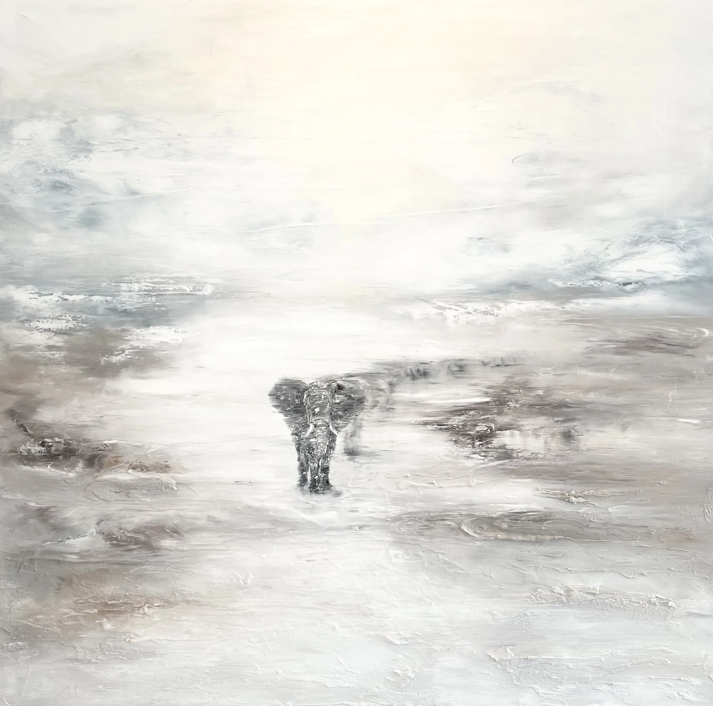 A painting of an elephant walking through a misty, abstract landscape with neutral tones.