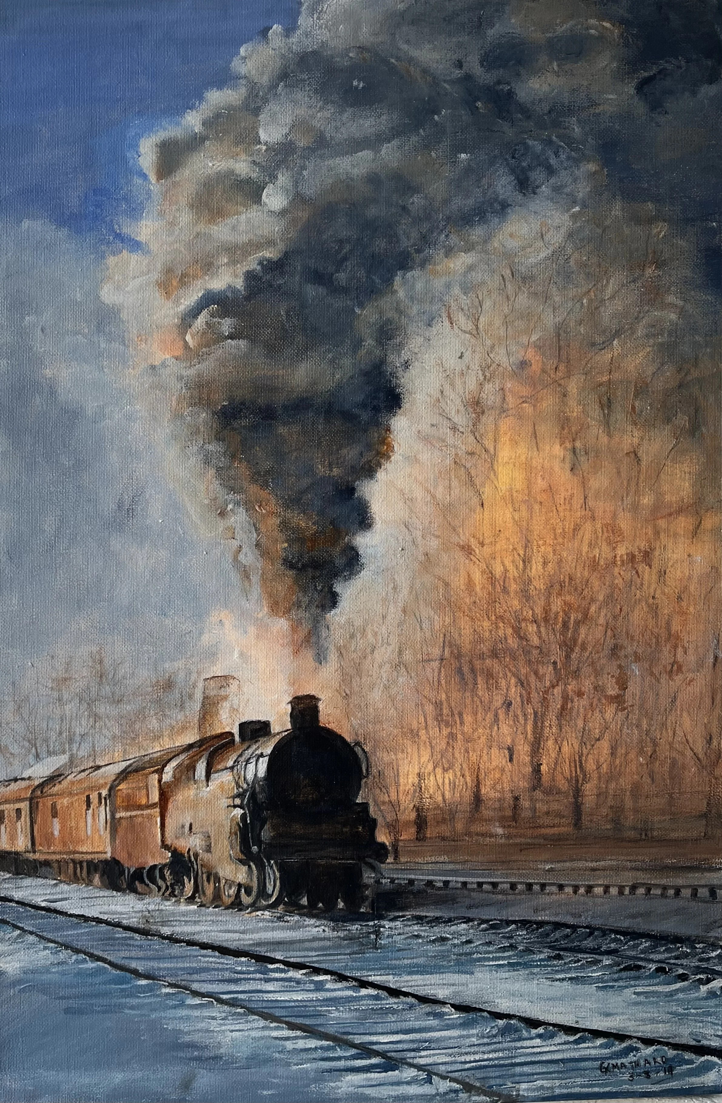 A painting of a steam train.