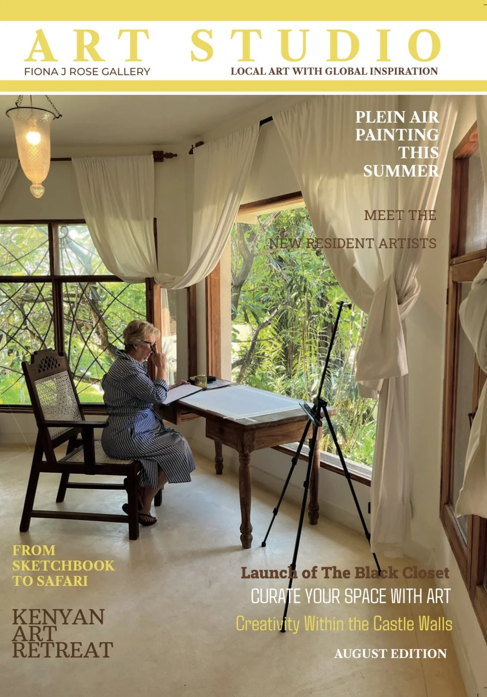 Cover of Art Studio Magazine showing a woman painting by large windows with curtains, surrounded by greenery.