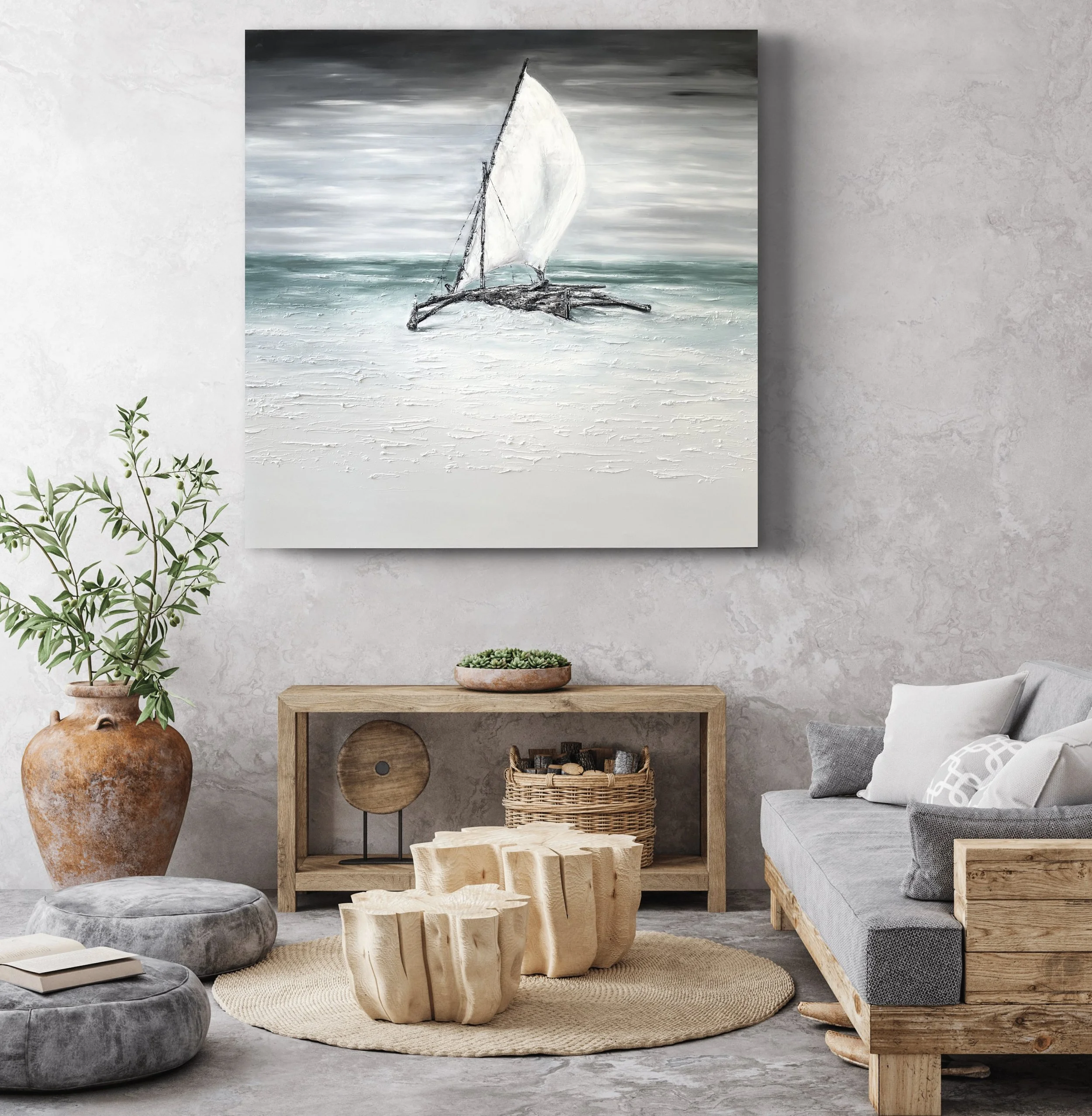 A living room with a large abstract painting of a sailboat on the wall, a wooden console table, a gray sofa, two beige wooden ottomans, a potted plant, and decorative items.