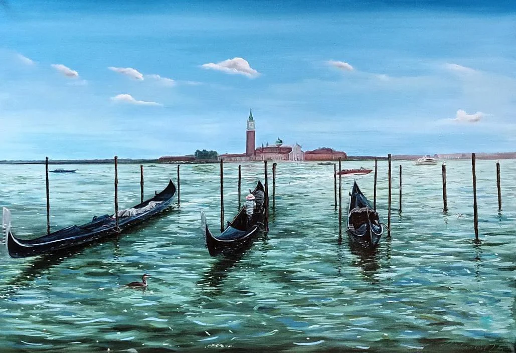 Painting of gondolas on water near a distant island with a clock tower and buildings, under a partly cloudy sky.