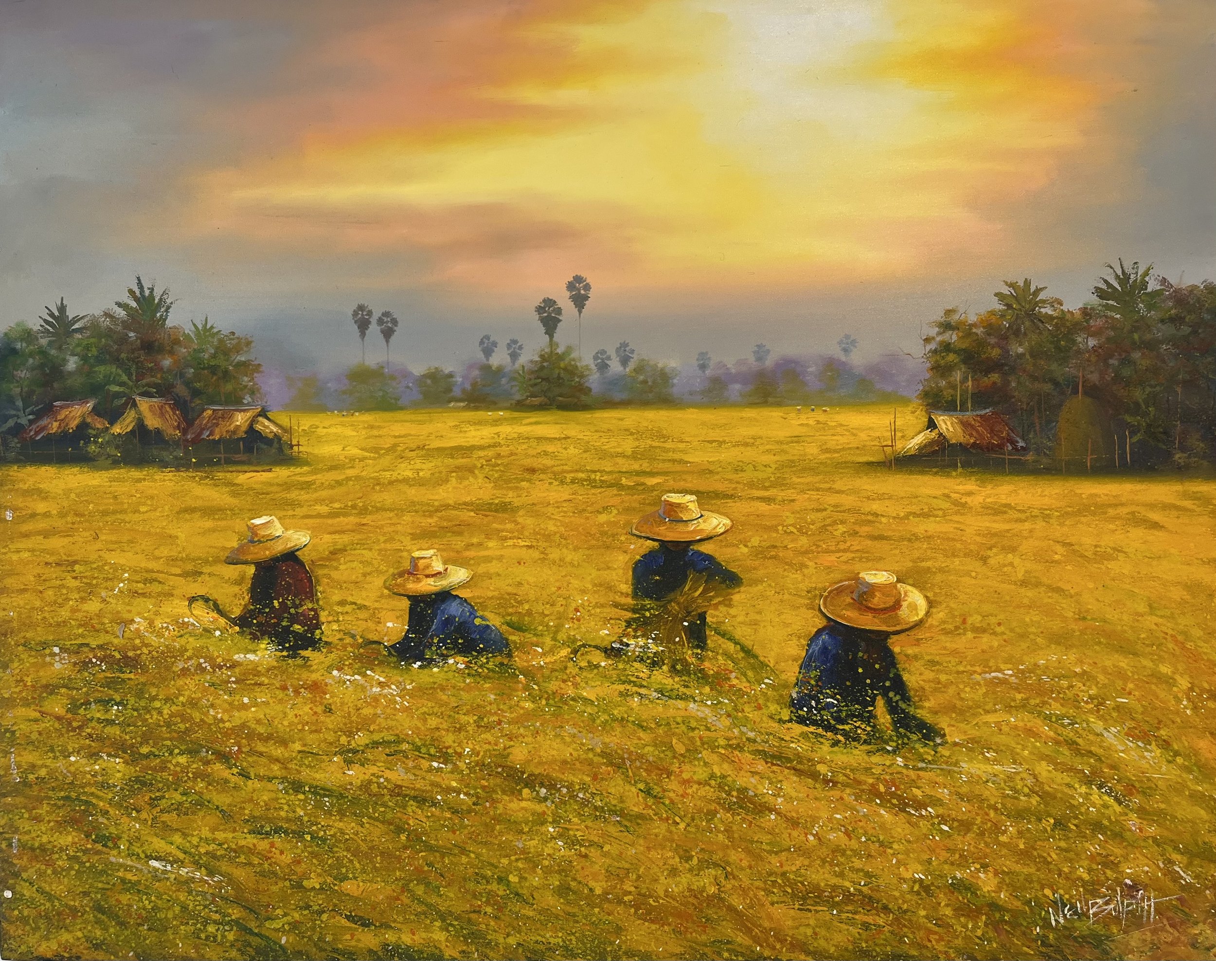 A painting of four farmers in a yellow rice field, wearing wide-brimmed hats at sunset with huts and tall trees in the background.