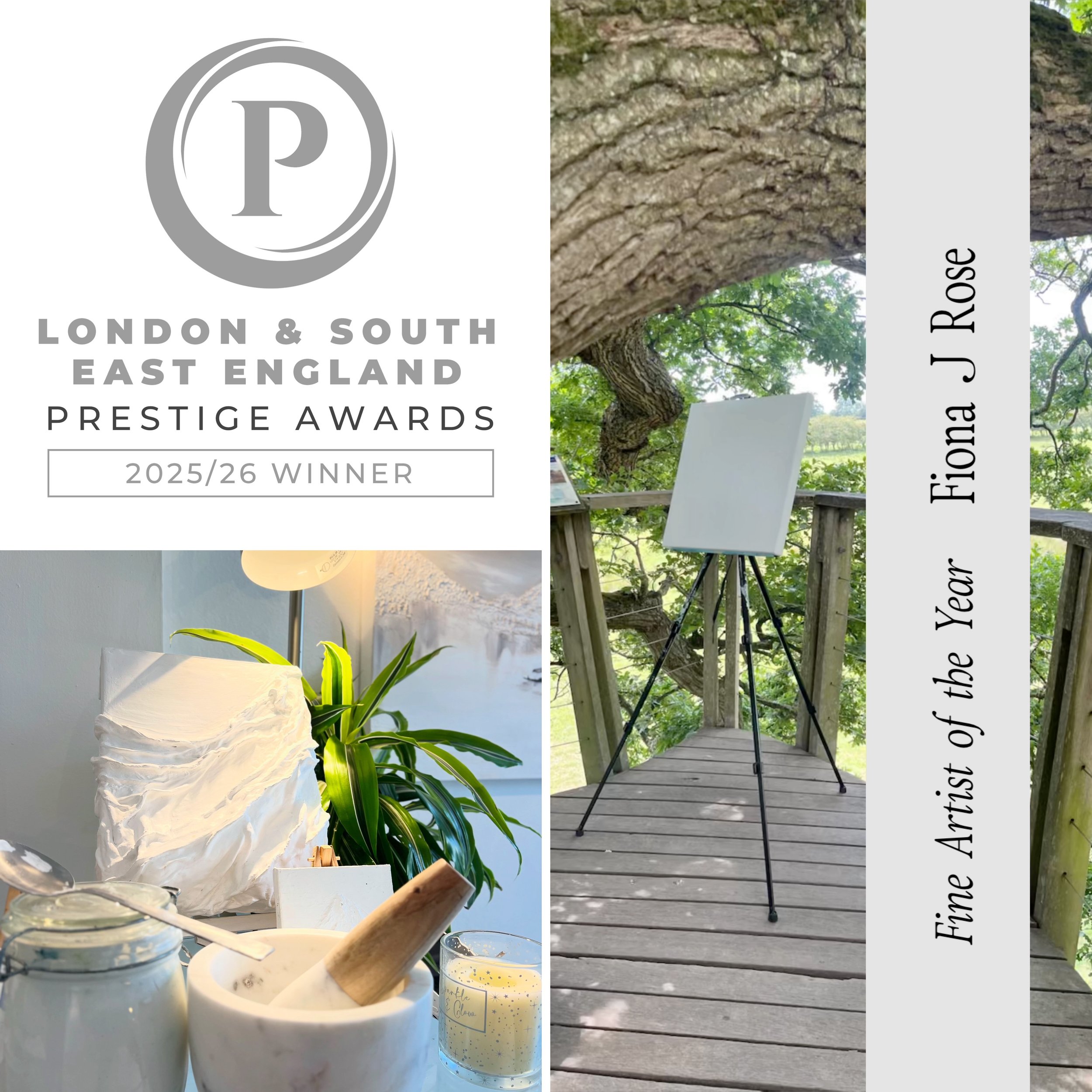 Award certificate for London & South East England Prestige Awards 2025/26 winner, featuring a photograph of an outdoor art scene with a blank white canvas on an easel, set on a wooden deck surrounded by trees, and an indoor scene with candles and greenery.