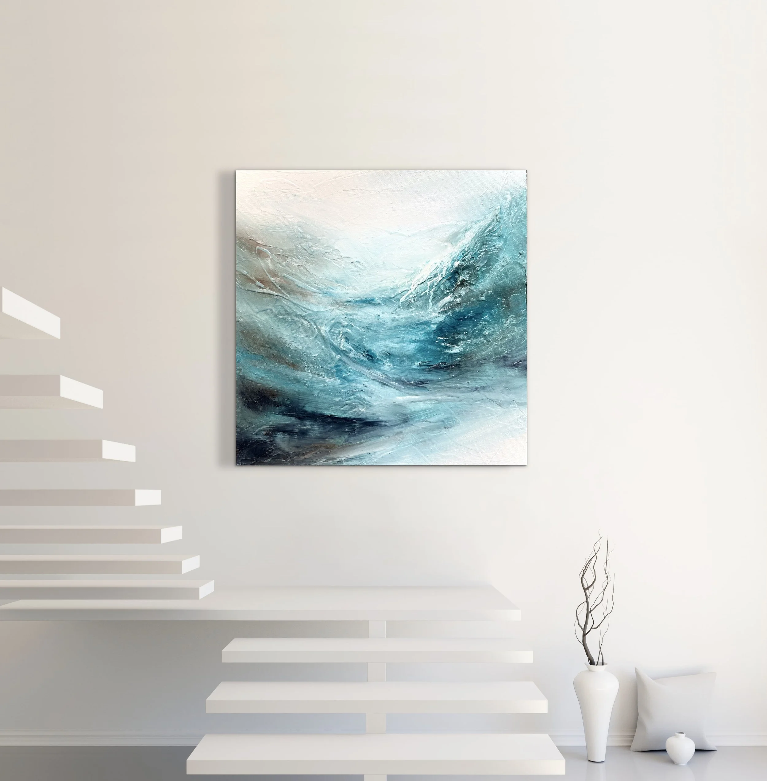 Abstract painting of swirling blue, white, and black colors hanging on a white wall in a modern room for sale at fiona j rose fine art gallery in angmering village square