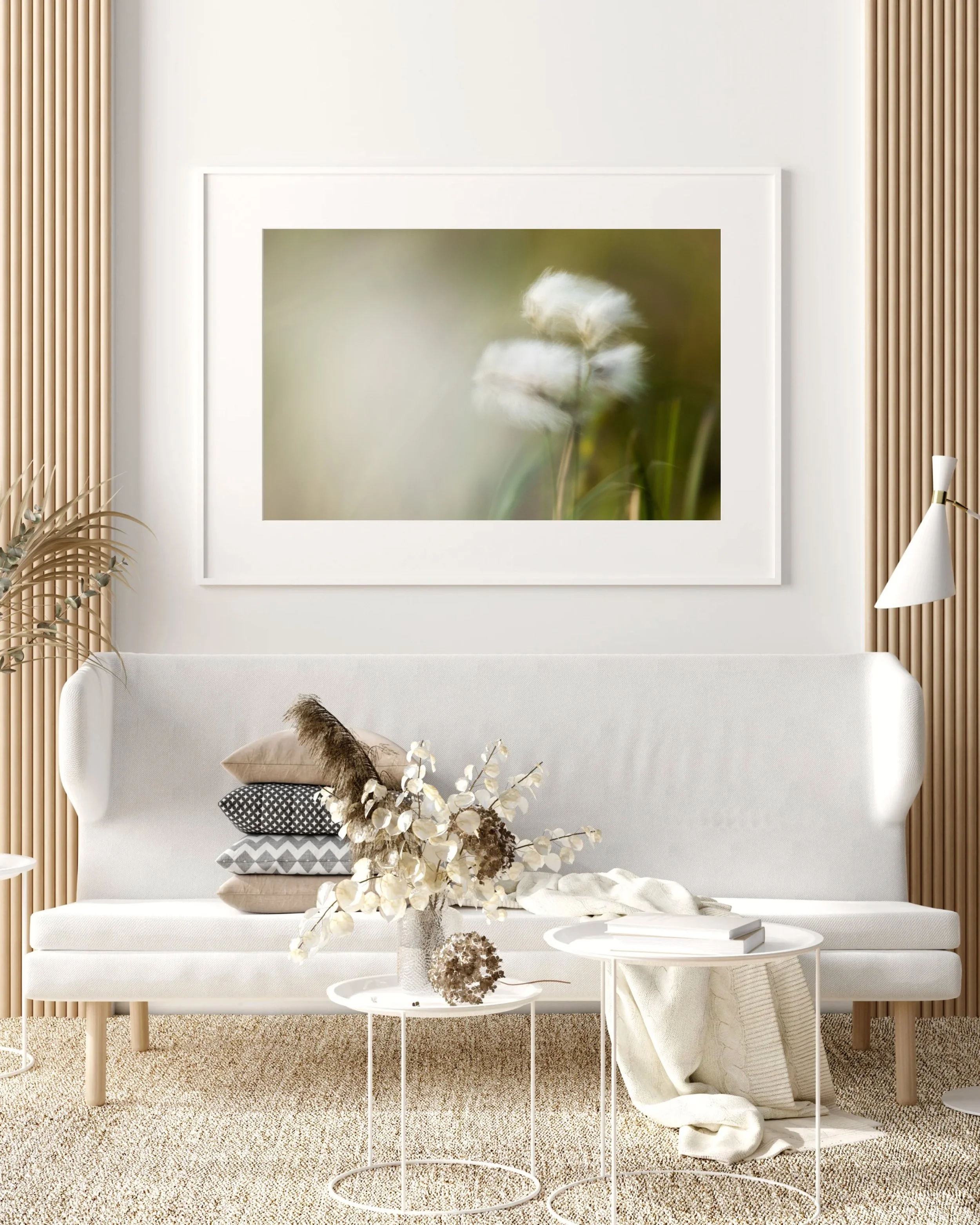 Framed fine‑art print of Hebridean cotton grass ICM displayed on a wall.