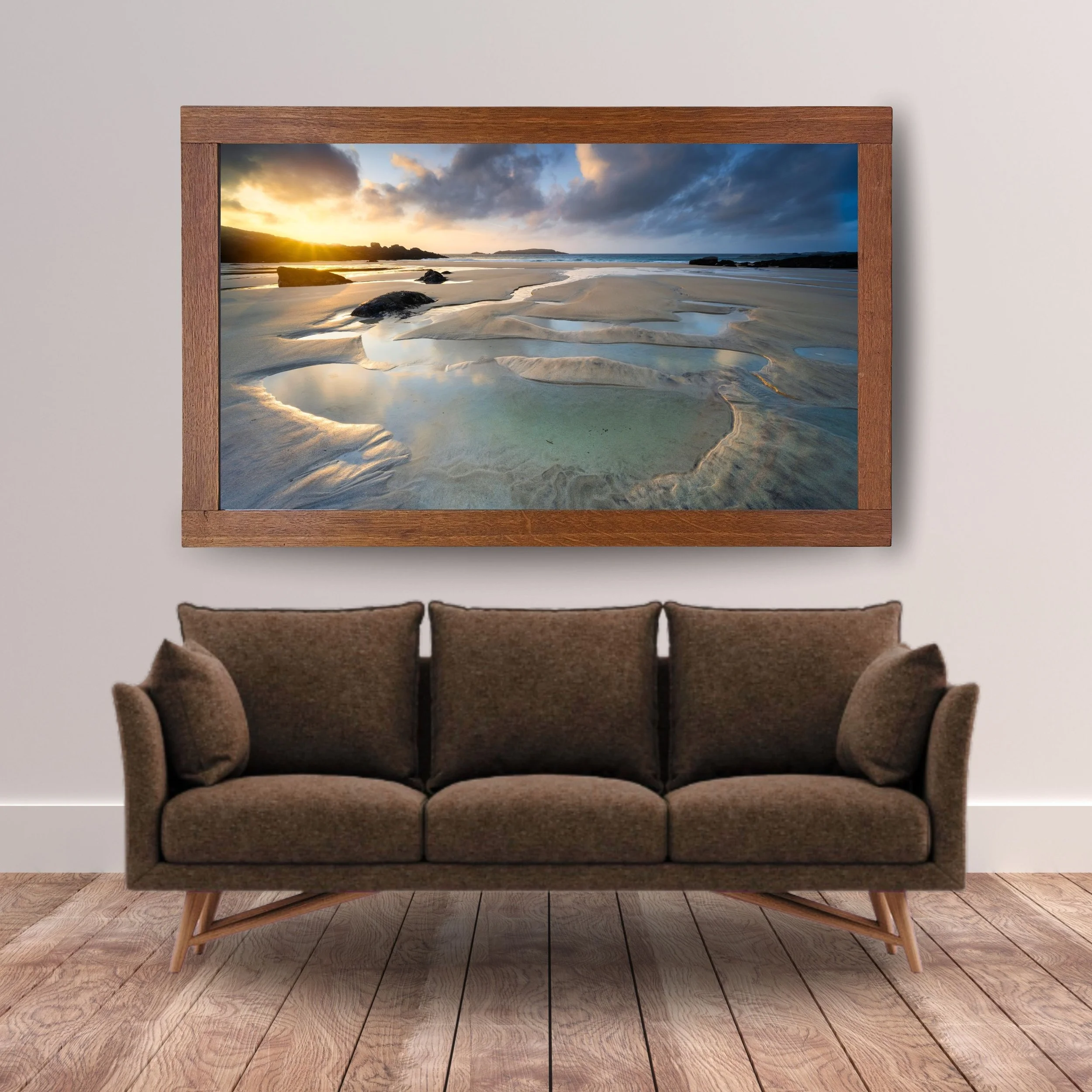 Framed print of Mealasta Beach in Uig on the Isle of Lewis, showing evening light across the beach