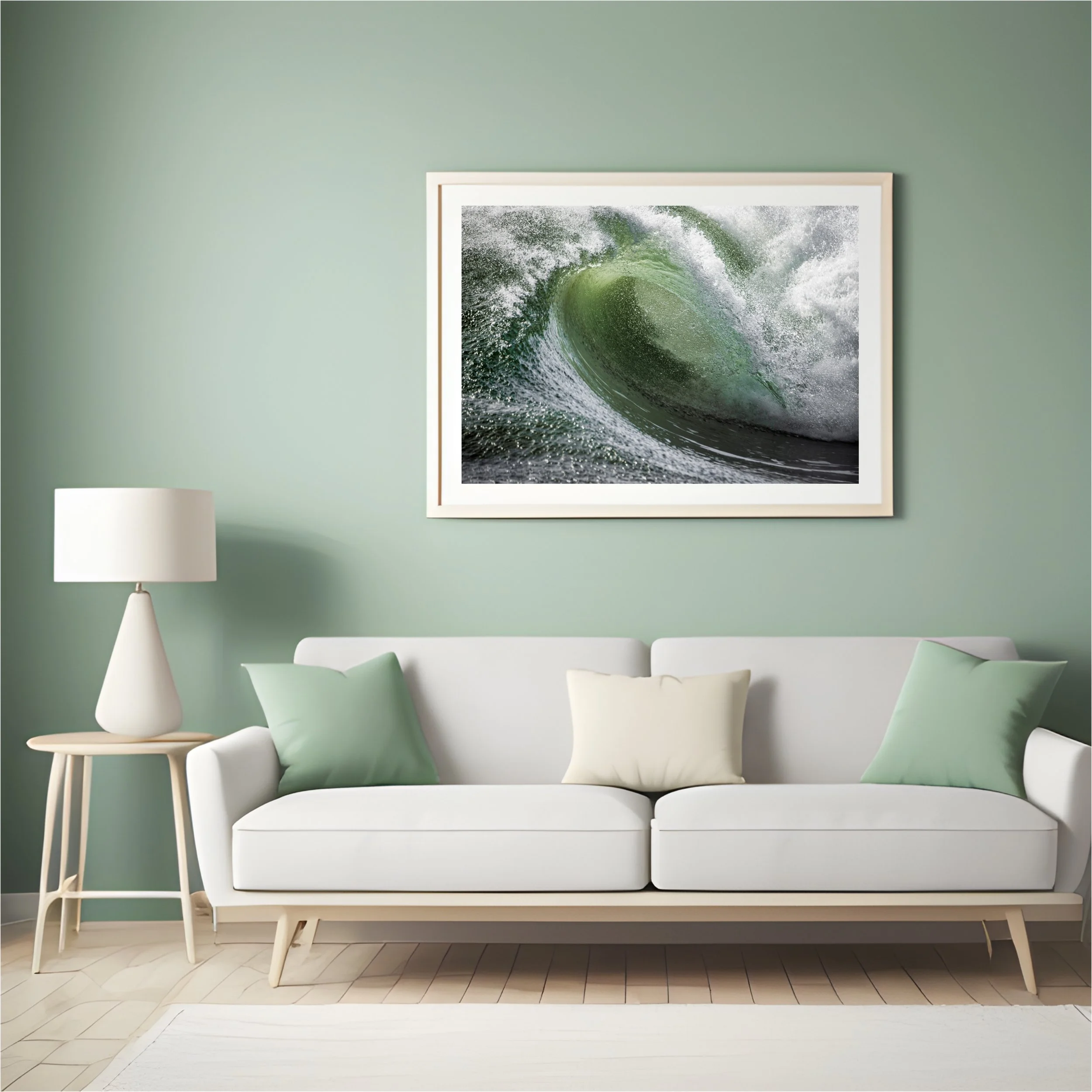 Green wave breaking in close‑up, with curved water, textured spray and soft light highlighting the movement of the sea.
