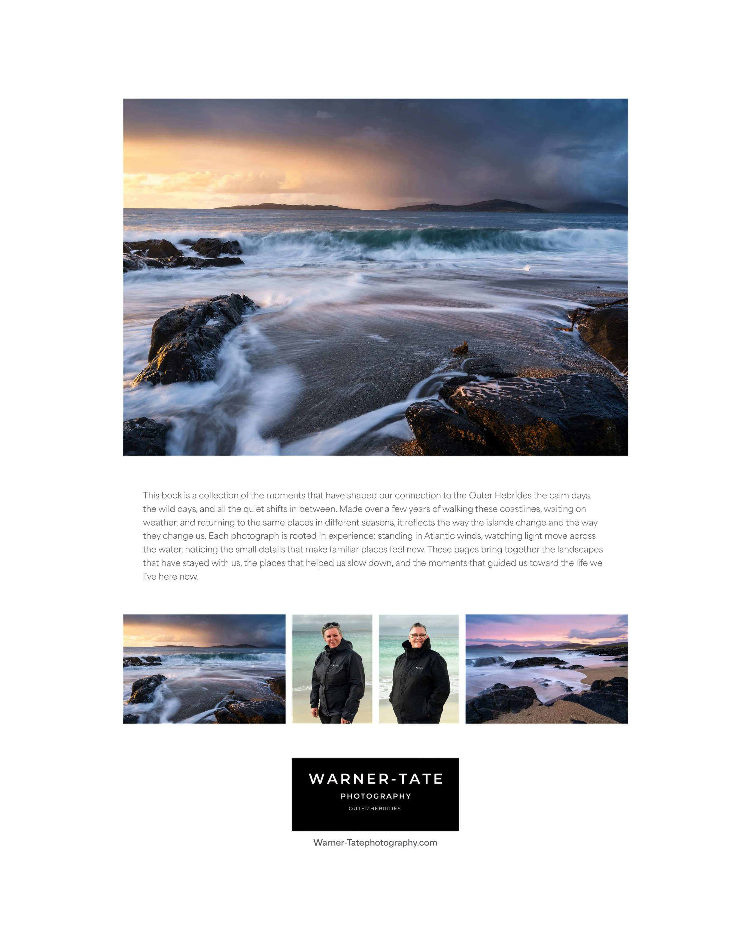 Back cover of the 2026 Harris & Lewis Outer Hebrides photography book, featuring fine‑art Hebridean seascape and Scottish coastal landscape photography.