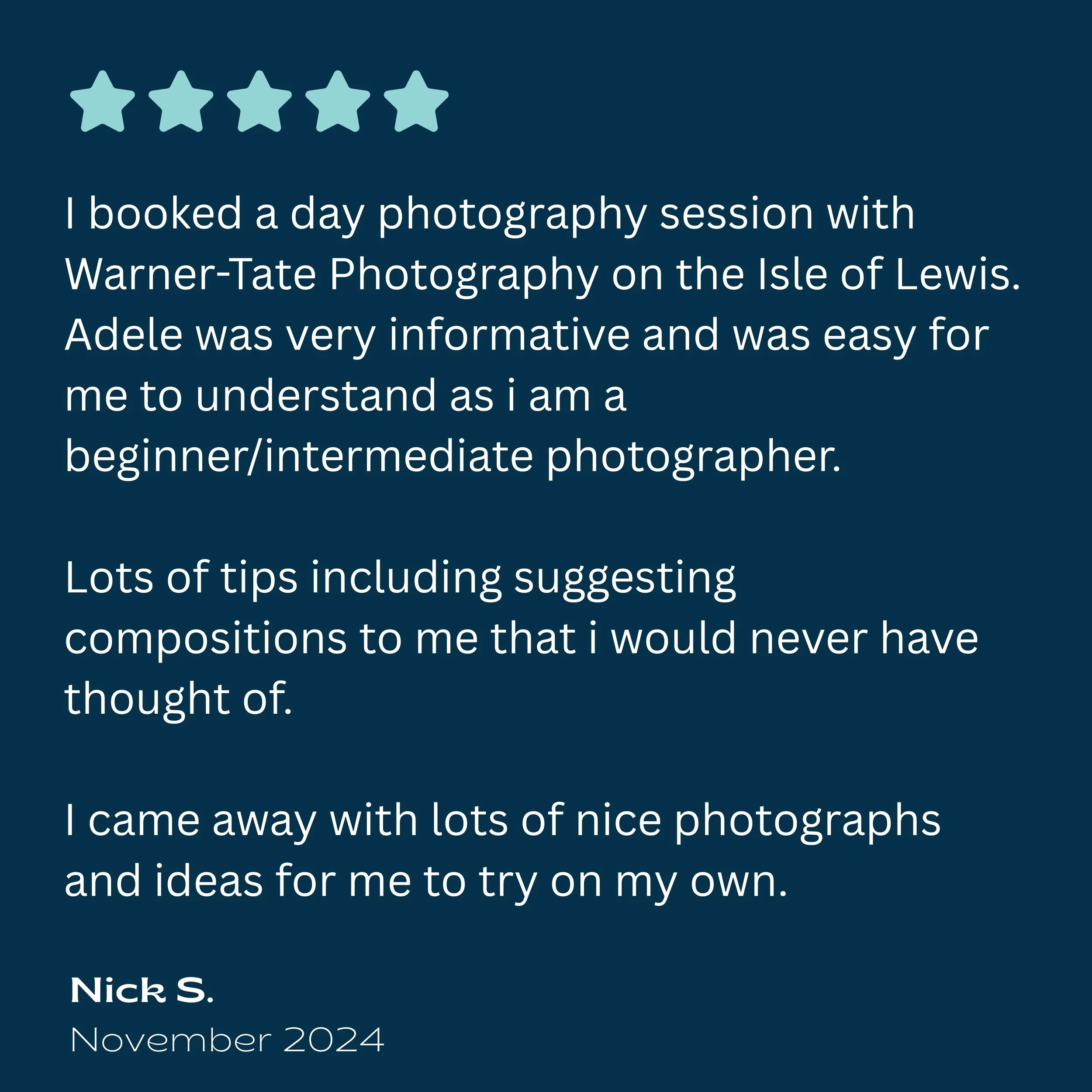 Customer testimonial for Adele’s photography tuition on Lewis and Harris, highlighting improved skills and a great learning experience.