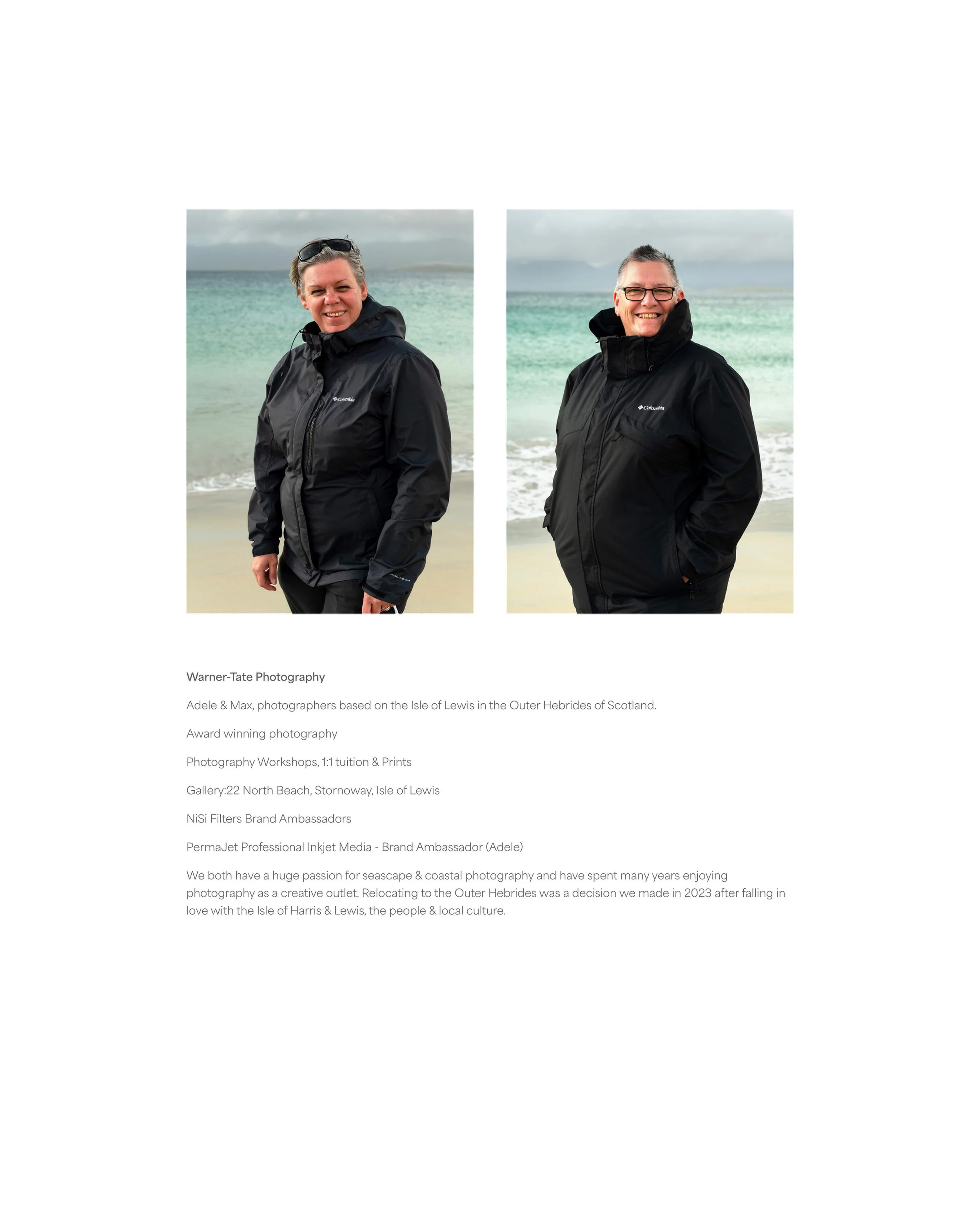 Internal page from the 2026 Harris & Lewis Outer Hebrides photography book showing Adele and Max Warner‑Tate, the photographers behind Warner‑Tate Photography