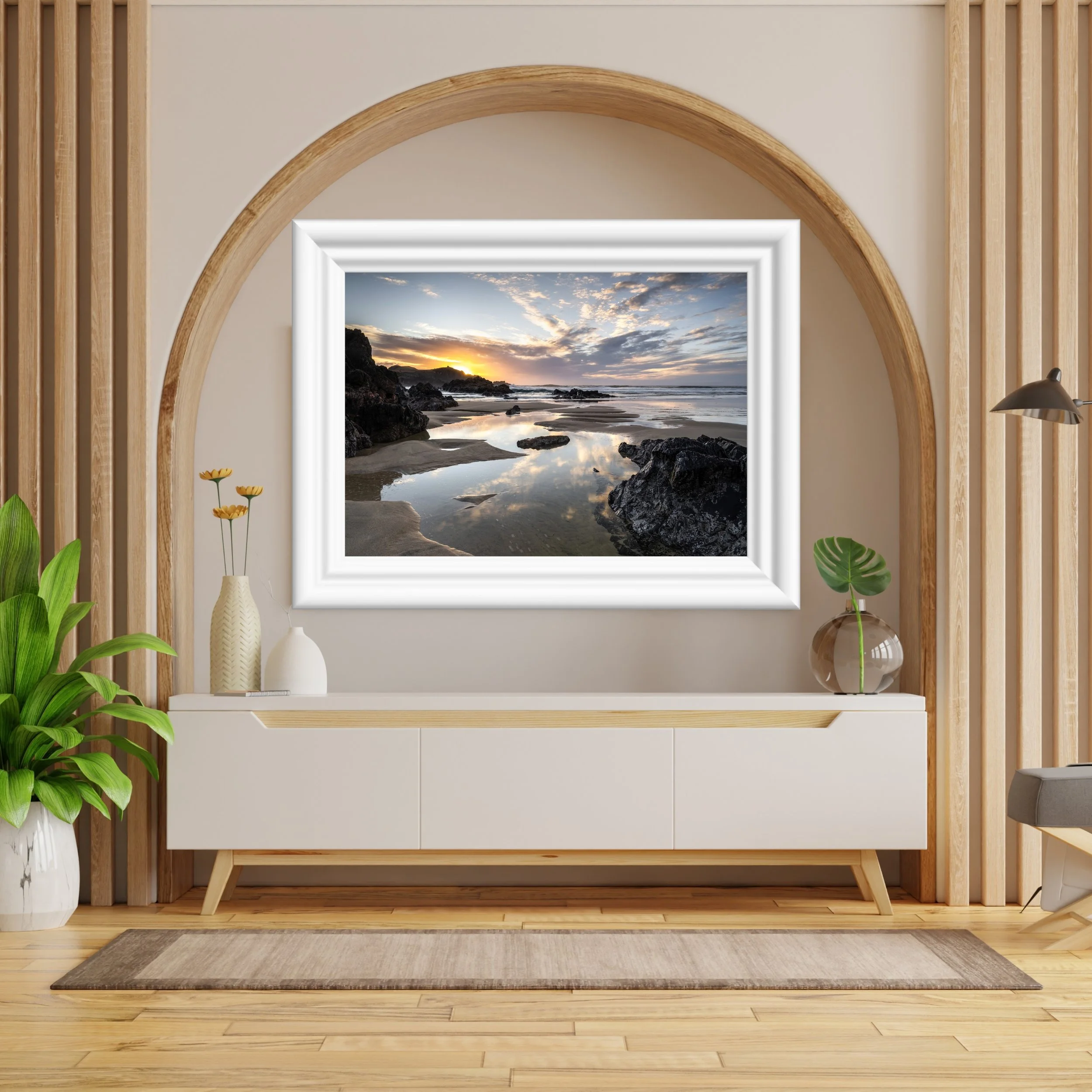 Interior mockup showing the Mangersta Beach print in a frame.