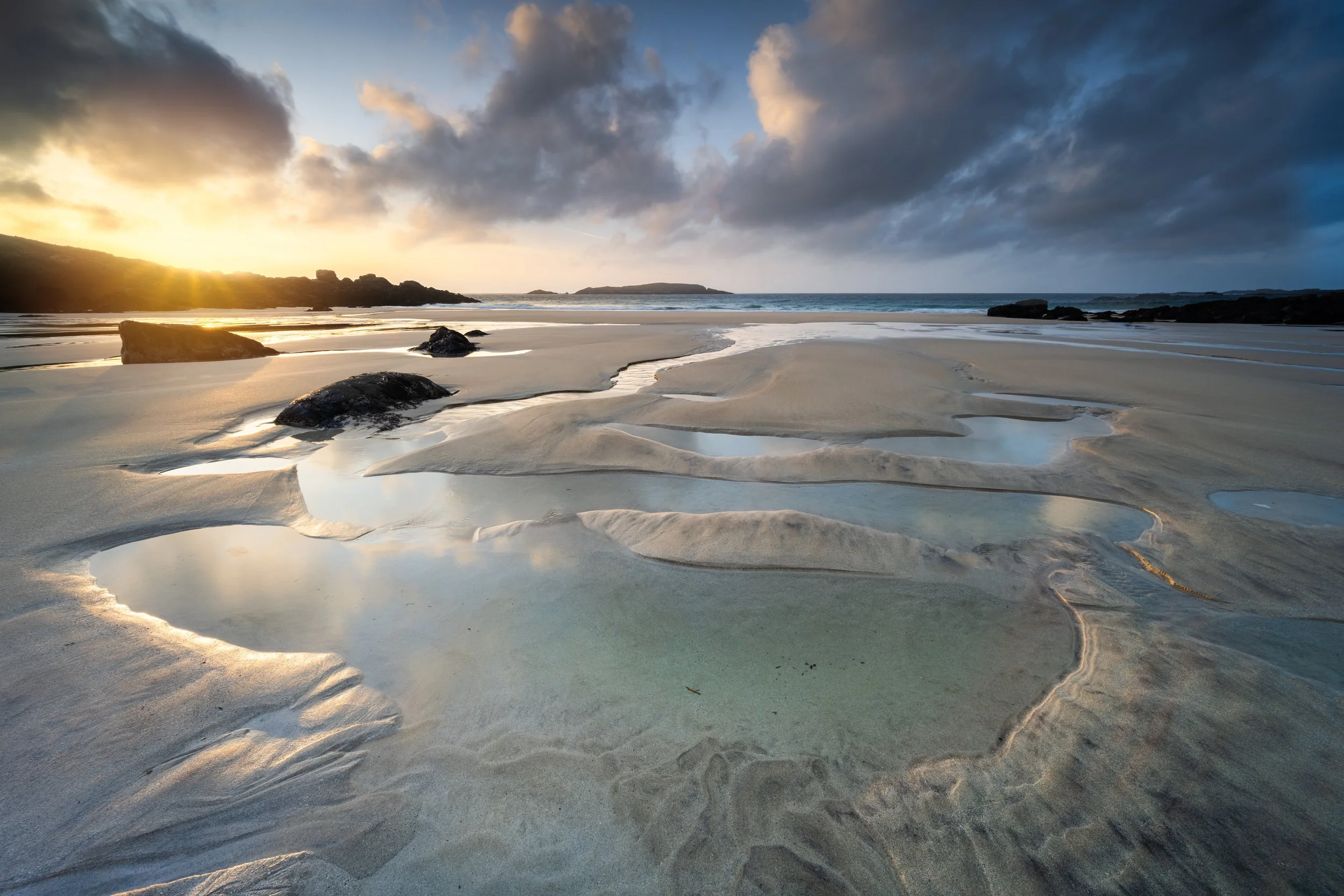 Mealasta Beach Uig Isle of Lewis Outer Hebrides during sunset pools of water in the foreground of the beach Uig