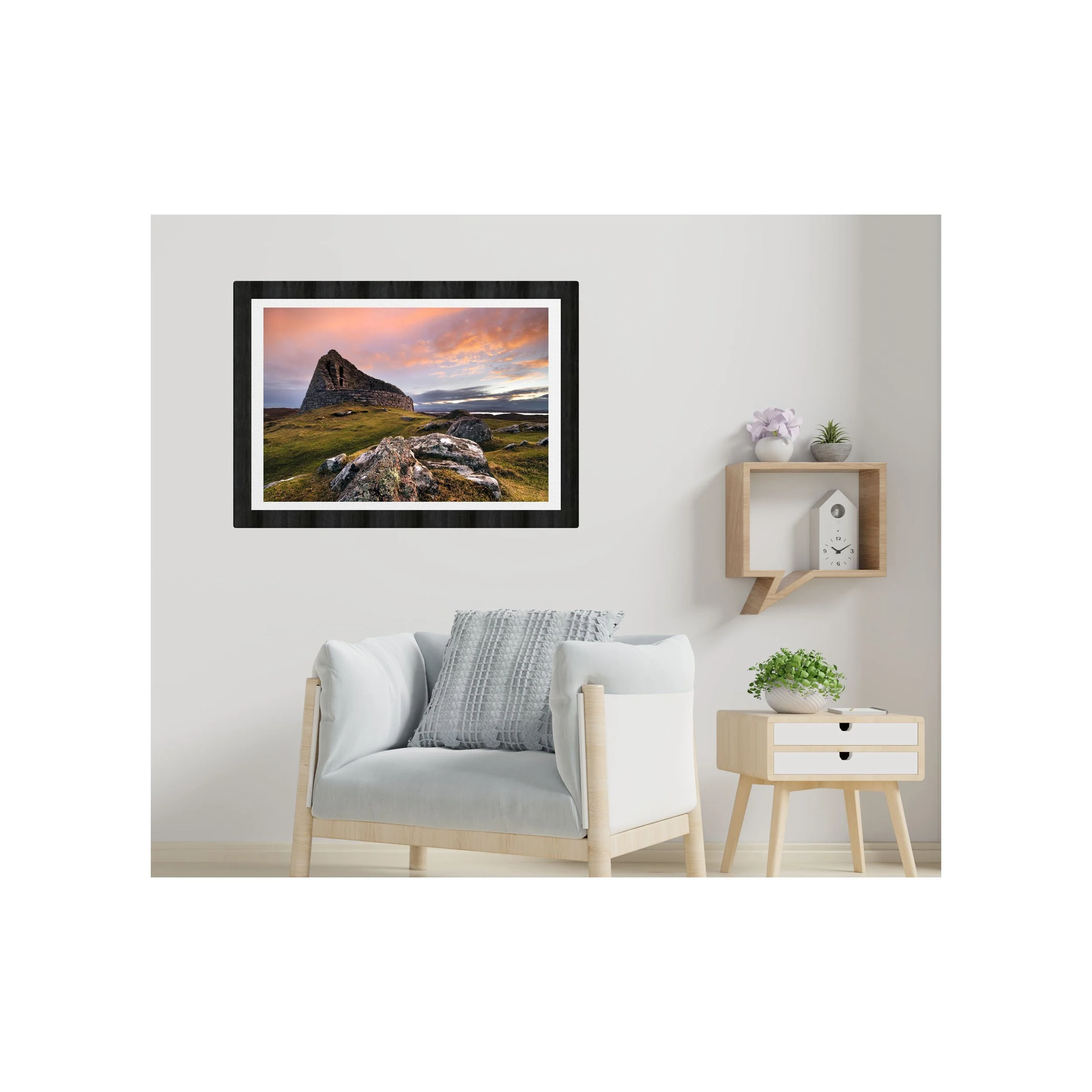 Interior mockup showing the Dun Carloway Broch print in a frame.