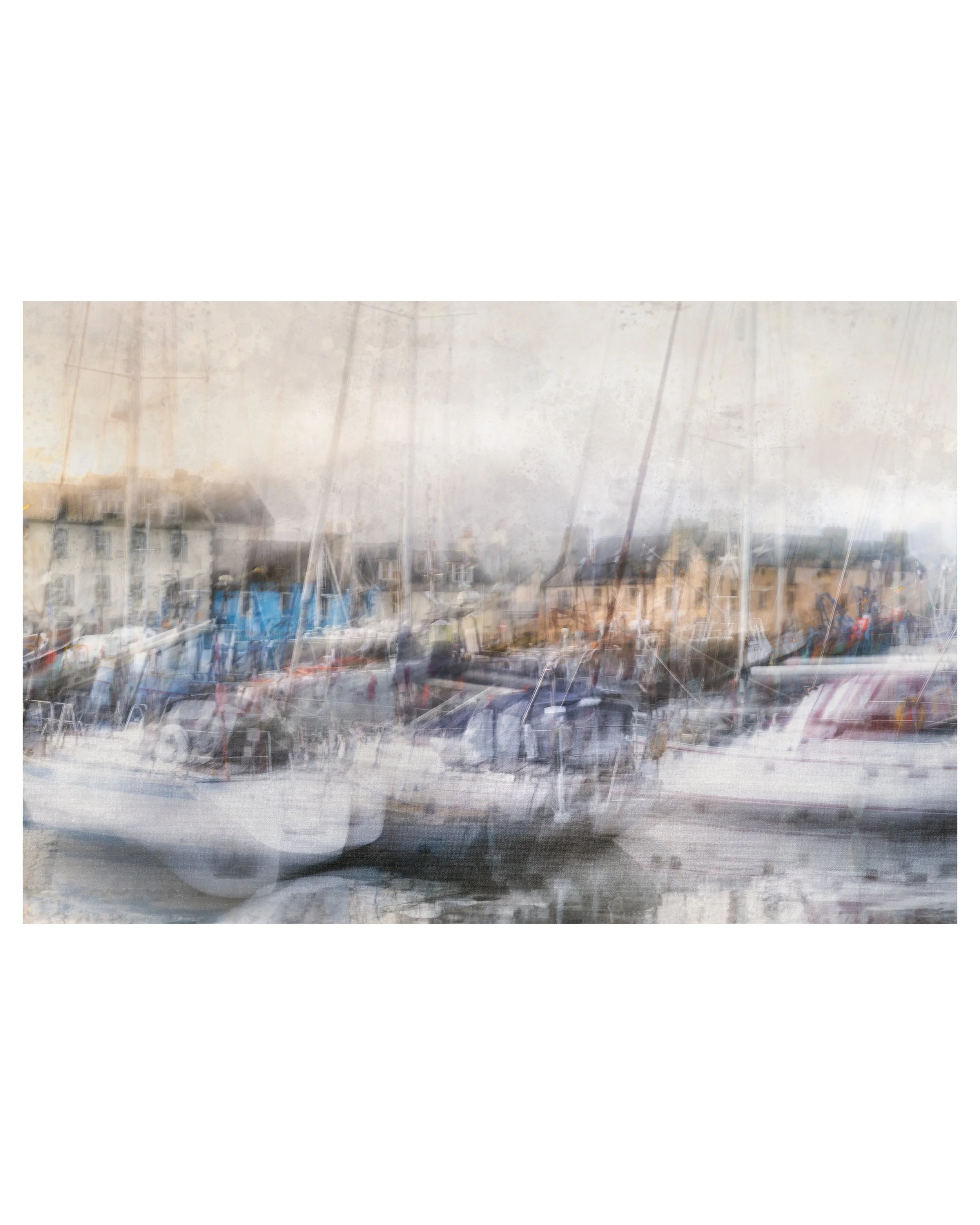 Abstract ICM view of Stornoway Harbour, with blurred boats and a rustic, weathered feel shaped by warm tones and soft motion.